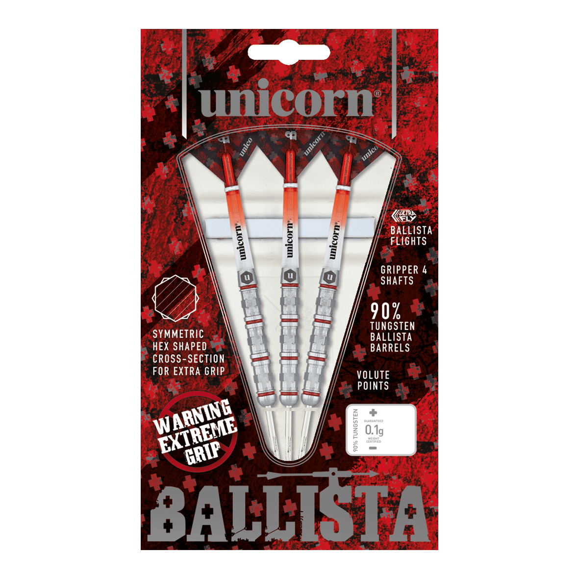 Fléchettes en acier Unicorn Ballista Style 4 Auf dem Bild ist das Produkt "Unicorn Ballista Style 4 Steeldarts" zu sehen. Die Verpackung zeigt drei Steeldarts mit auffälligem Design und betont ihre hohe Griffigkeit und den 90%igen Wolframanteil.