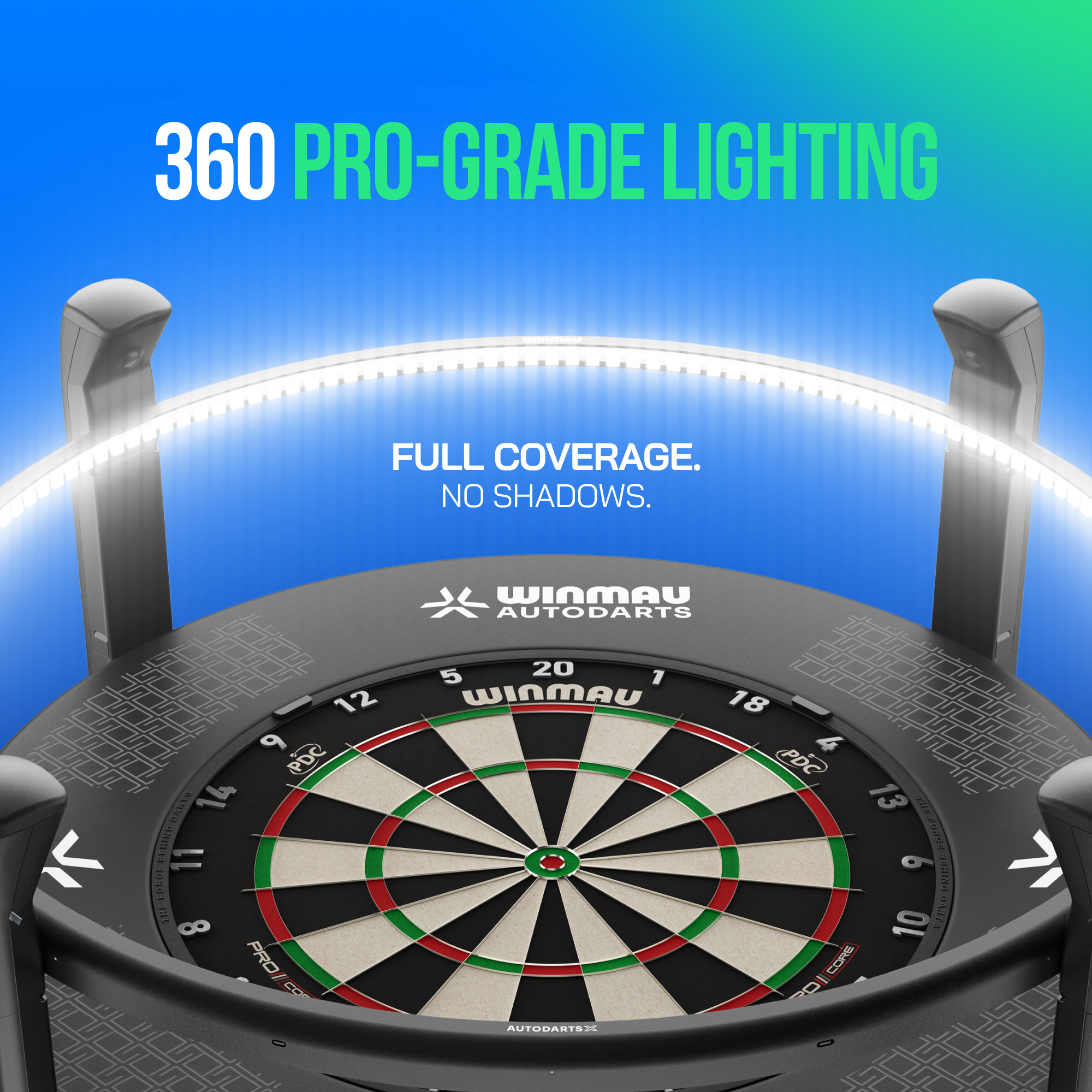Zu sehen ist das Winmau Autodarts X Autoscoring-System. Es dient der automatischen Auswertung beim Darts-Spiel.
