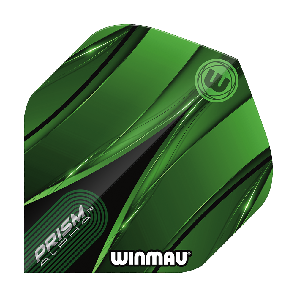 Vols standard verts Winmau Alpha Sniper Das Bild zeigt ein Winmau Alpha Sniper Green Standard Flight für Darts. Das Flight ist überwiegend grün mit schwarzen und weißen Designelementen und trägt die Aufschriften "PRISM ALPHA" und "WINMAU".