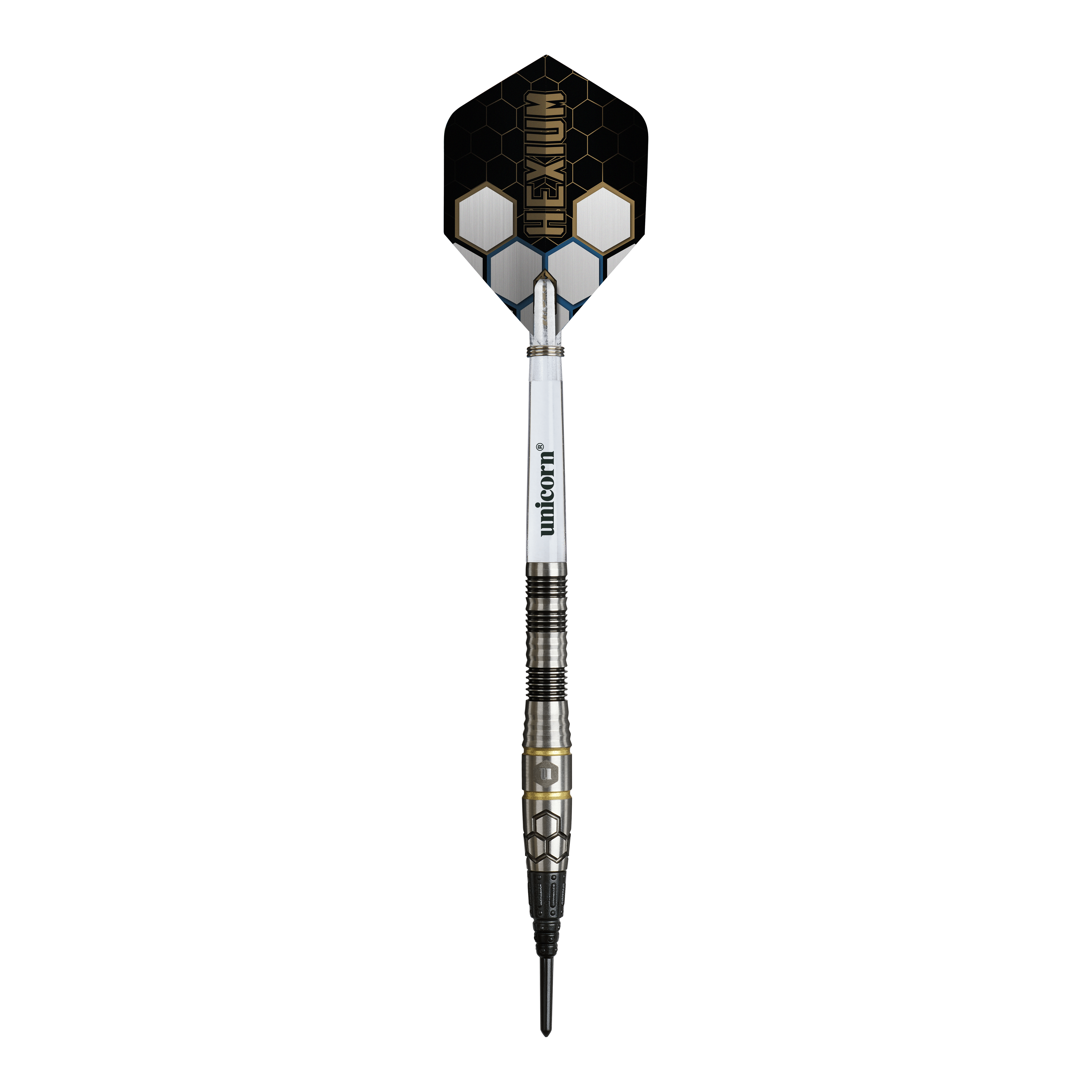 Fléchettes souples Unicorn Hexium Style 01 Noir et Or - 22 g Das Bild zeigt die Unicorn Hexium Style 01 Black & Gold Softdarts mit einem Gewicht von 22 Gramm. Die Darts zeichnen sich durch ihr schwarzes und goldenes Aussehen aus.