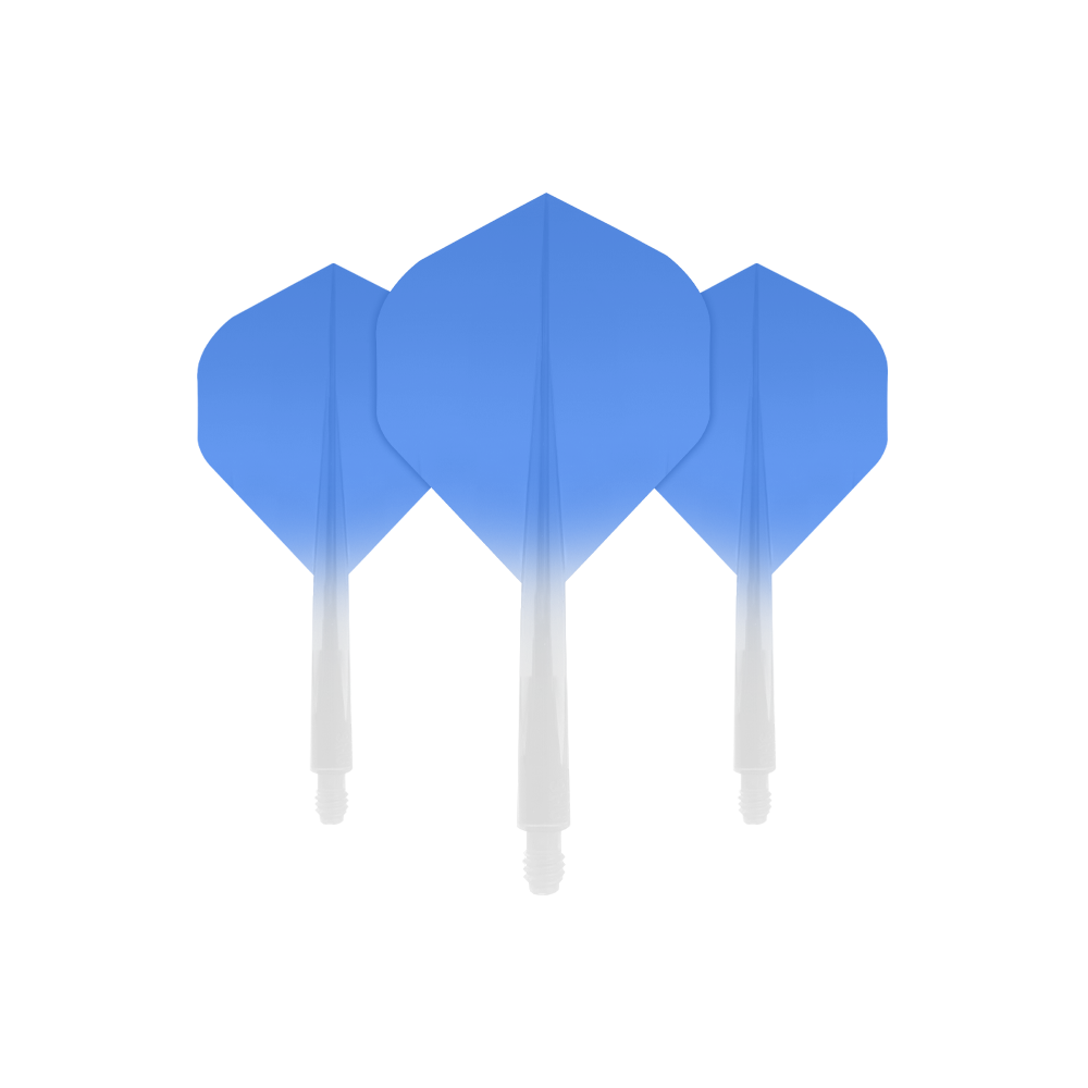 CO-0025_Condor_Axe_Gradient_Blue_Standard_Flights_Short_1 Das Bild zeigt drei kleine Dartflights des Produkts „Condor Axe Gradient Blue Flight-System“. Die Flights haben einen Farbverlauf von Blau oben zu Weiß unten.