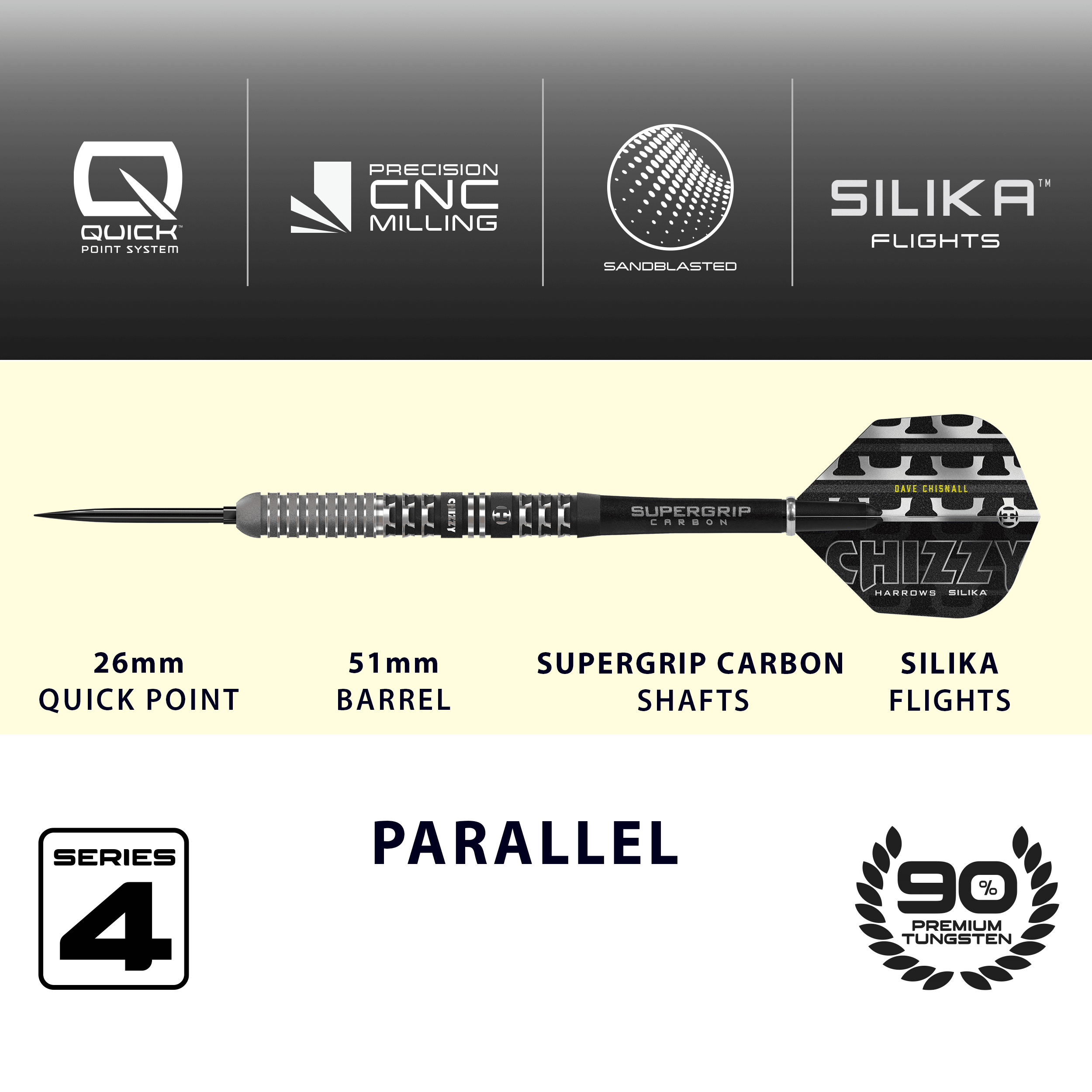 Fléchettes en acier Harrows Dave Chisnall Chizzy Série 4 Quick Point Das Bild zeigt die Harrows Dave Chisnall Chizzy Series 4 Quick Point Steeldarts. Die Darts sind professionell und bekannt für ihre hohe Qualität.