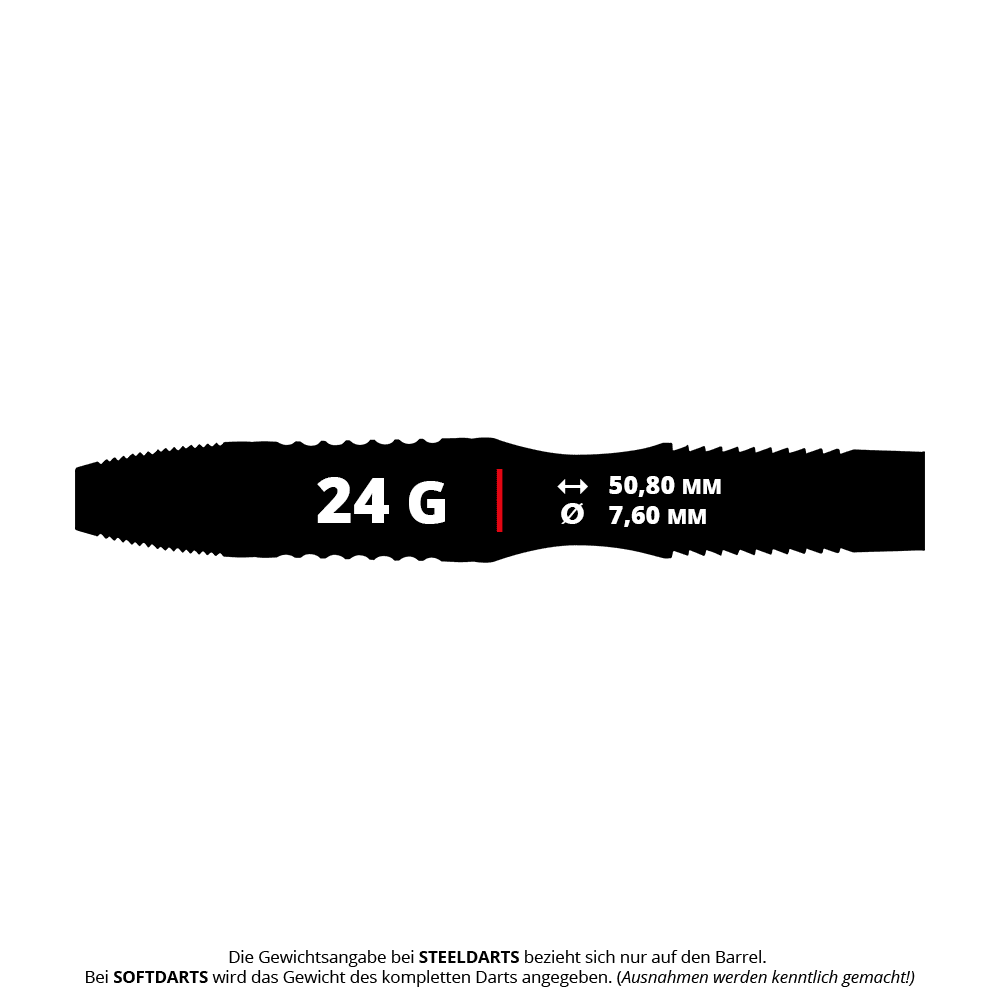 Fléchettes en acier Winmau Rashad Sweeting - 24 g Das Bild zeigt die Produktinformationen zu den Winmau Rashad Sweeting Steeldarts mit einem Gewicht von 24 Gramm. Die Länge des Barrels beträgt 50,80 mm und der Durchmesser 7,60 mm.
