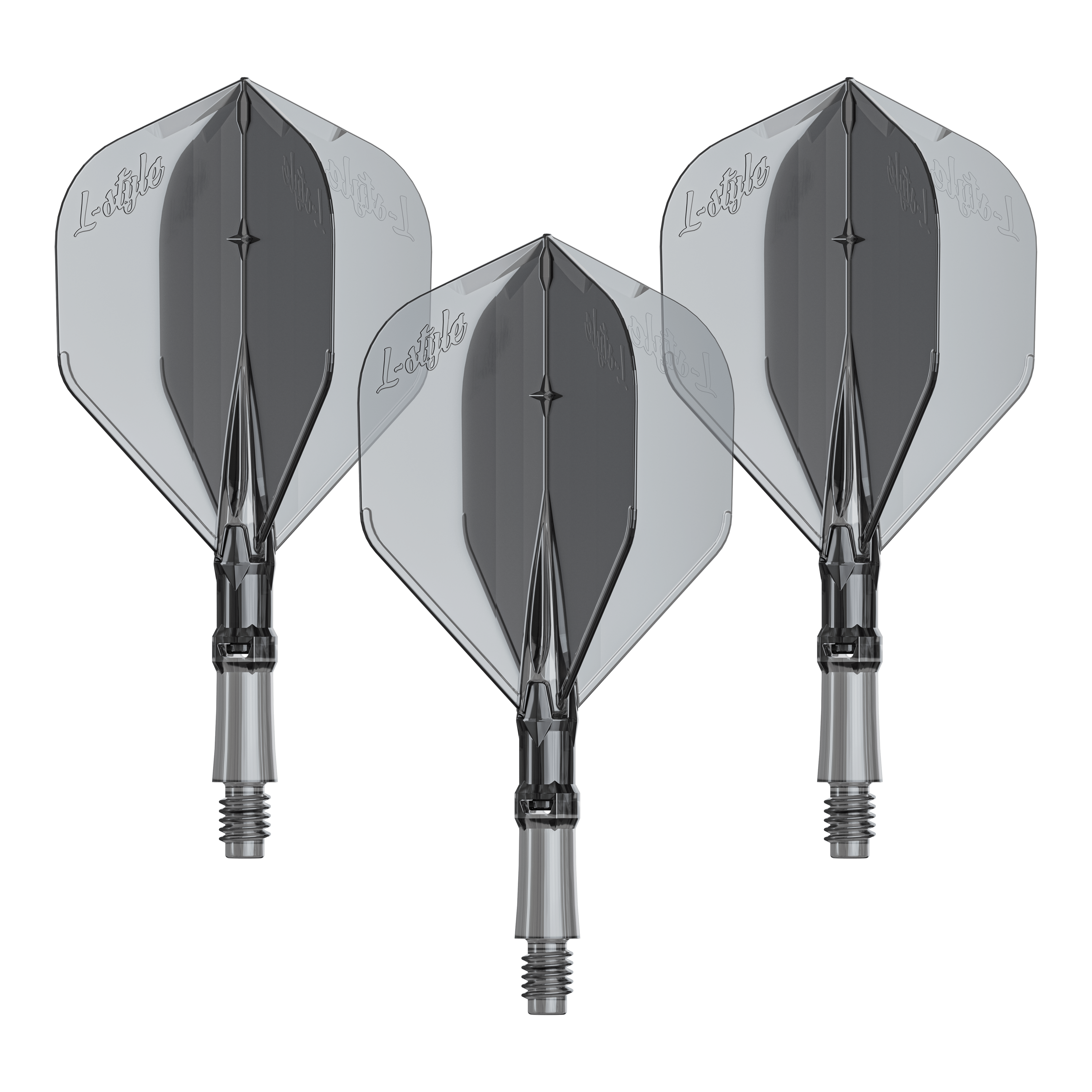 Vols L-L-Style-System - Noir transparent Das Bild zeigt ein Produkt mit dem Namen LS1062_LStyle_L-System_Flights_ClearBlack_Small_190_1Set. Es handelt sich um ein Dartzubehör.