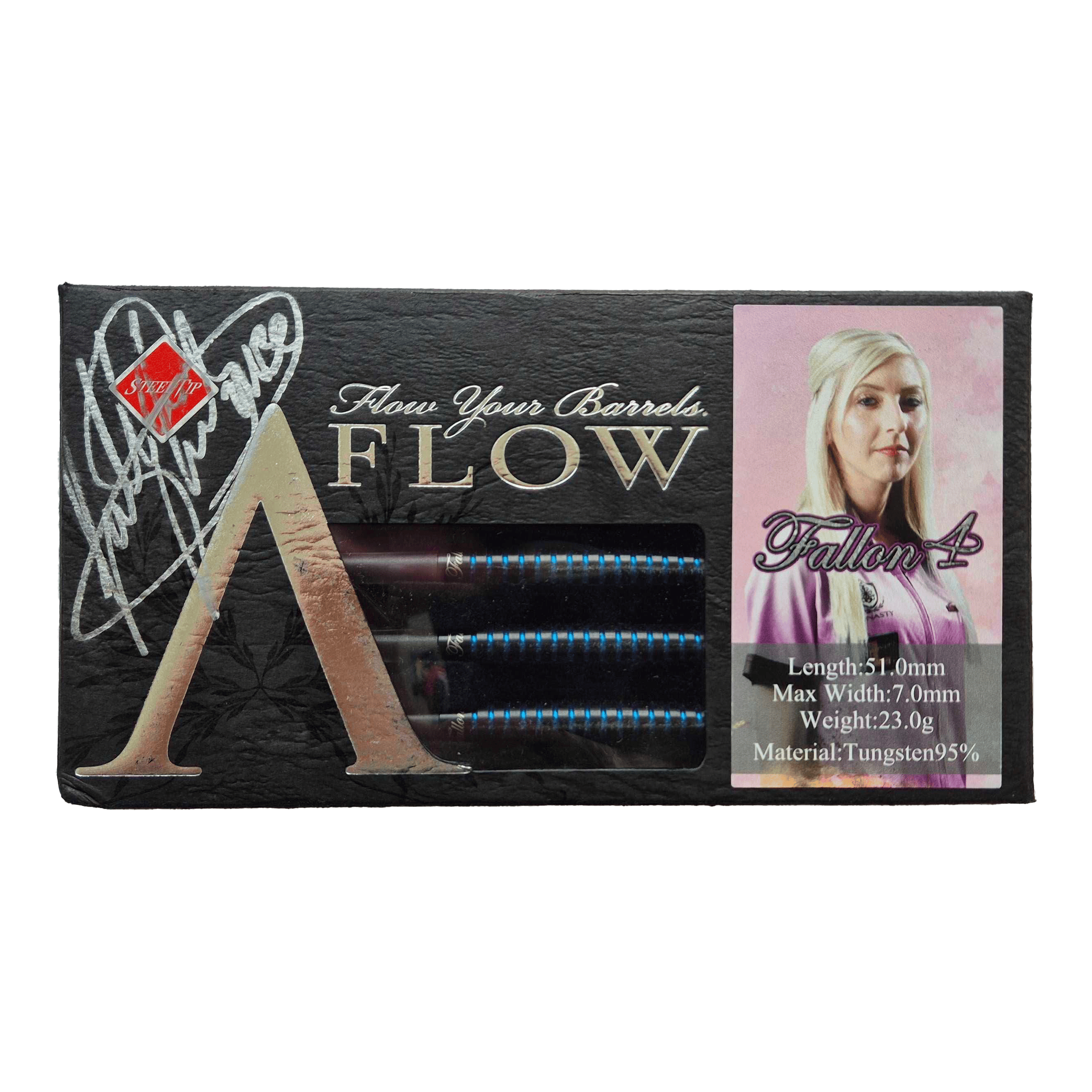 Fléchettes Dynasty Fallon Sherrock 4 AFlow BK en acier - Avec autographe - 23 g Das Bild zeigt eine Packung Dynasty Fallon Sherrock 4 AFlow BK Steeldarts mit einer Unterschrift. Auf der Verpackung ist auch ein Foto von Fallon Sherrock sowie die technischen Daten der Darts abgebildet.