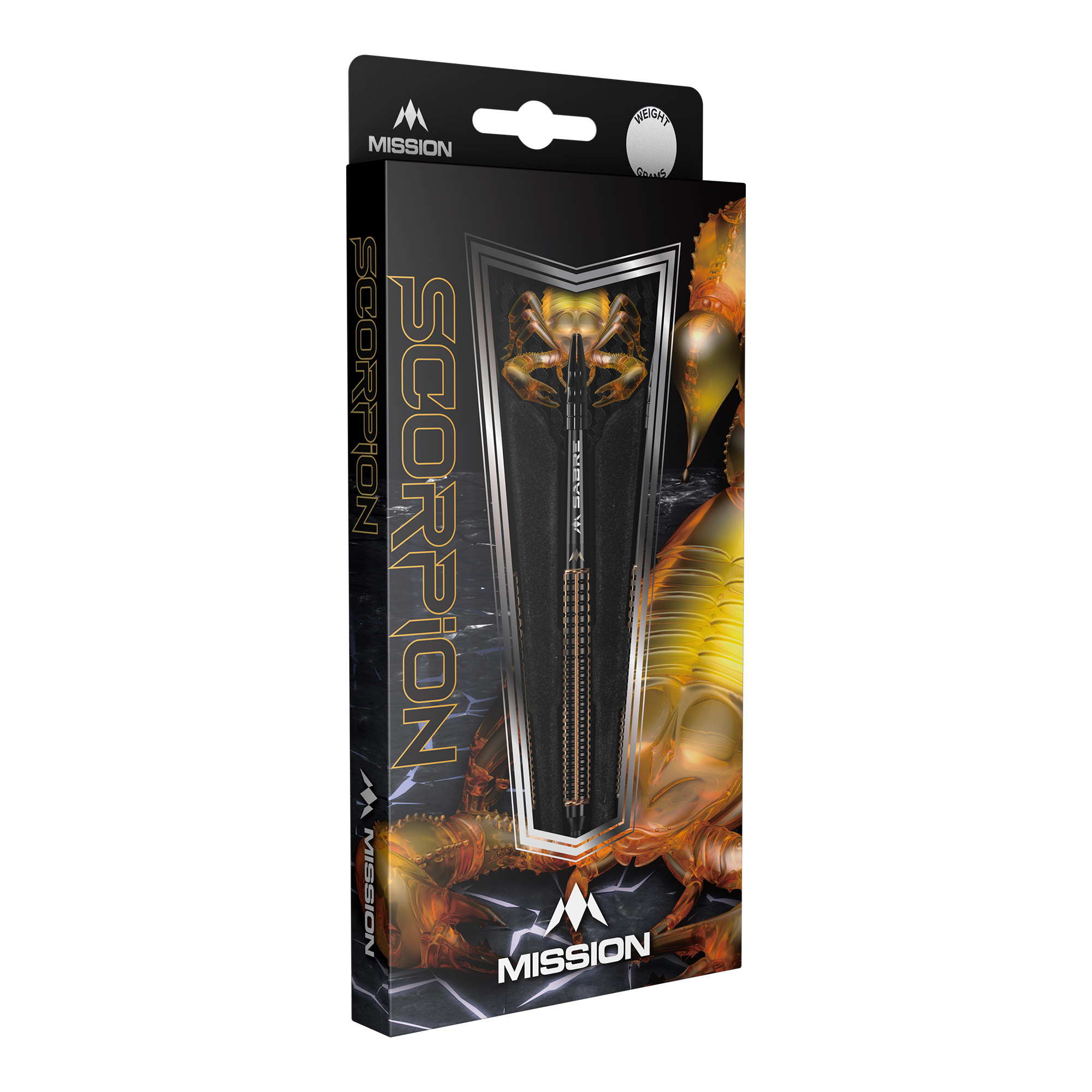 Fléchettes souples Mission Scorpion - 19 g Die Abbildung zeigt die Verpackung der "Mission Scorpion Softdarts - 19g". Das Design ist schwarz-gold mit einem Skorpionmotiv und zeigt einen Dartpfeil in der Mitte.