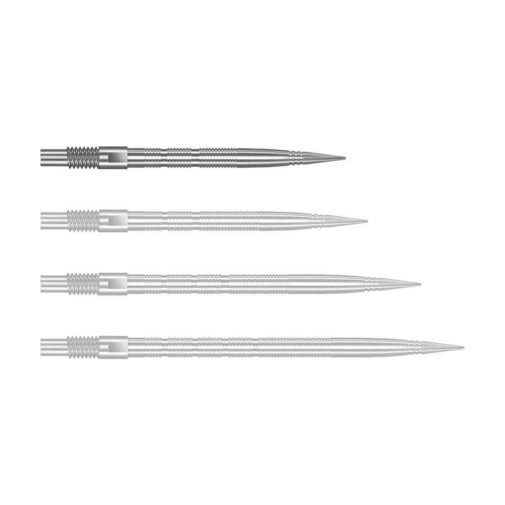 Pointes de fléchettes Harrows Quick Point Micro Ridge - Argent Silberne Harrows Quick Point MicroRidge Dartspitzen mit 26 mm Länge werden dargestellt. Die Spitzen liegen einzeln auf einer hellen Oberfläche.