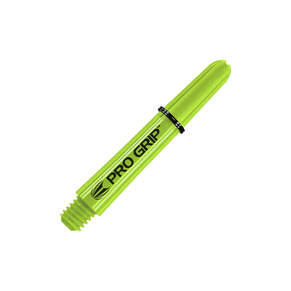Tiges Target Pro Grip - 3 jeux - Vert citron Das Bild zeigt einen limegrünen Dartshaft mit der Aufschrift "PRO GRIP". Der Schaft hat ein Schraubgewinde an einem Ende und ist 34 mm lang.