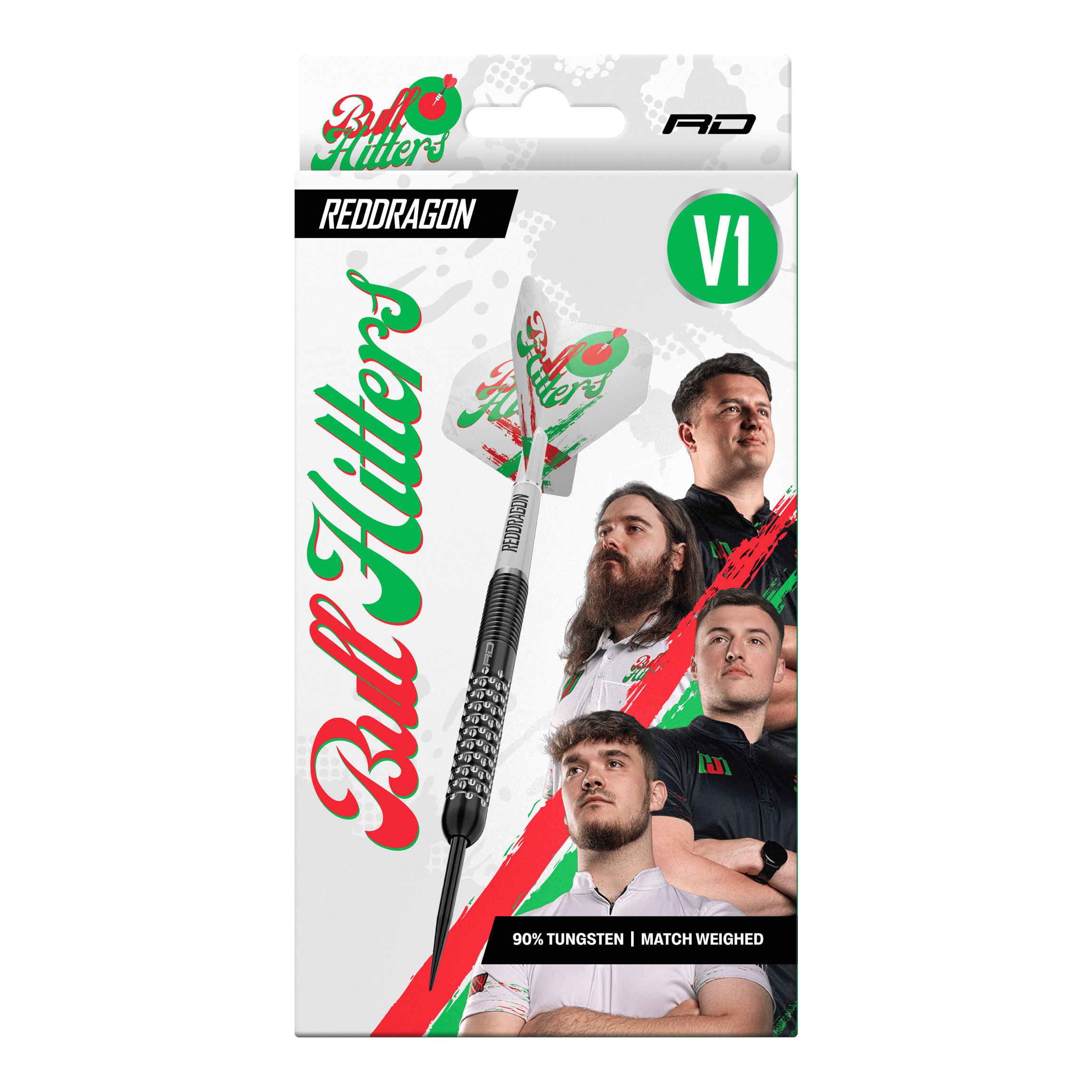 Fléchettes en acier Red Dragon Bullhitters V1 - 23 g Das Bild zeigt die Red Dragon Bullhitters V1 Steeldarts mit einem Gewicht von 23g. Diese Darts sind für das Steeldart-Spiel geeignet.