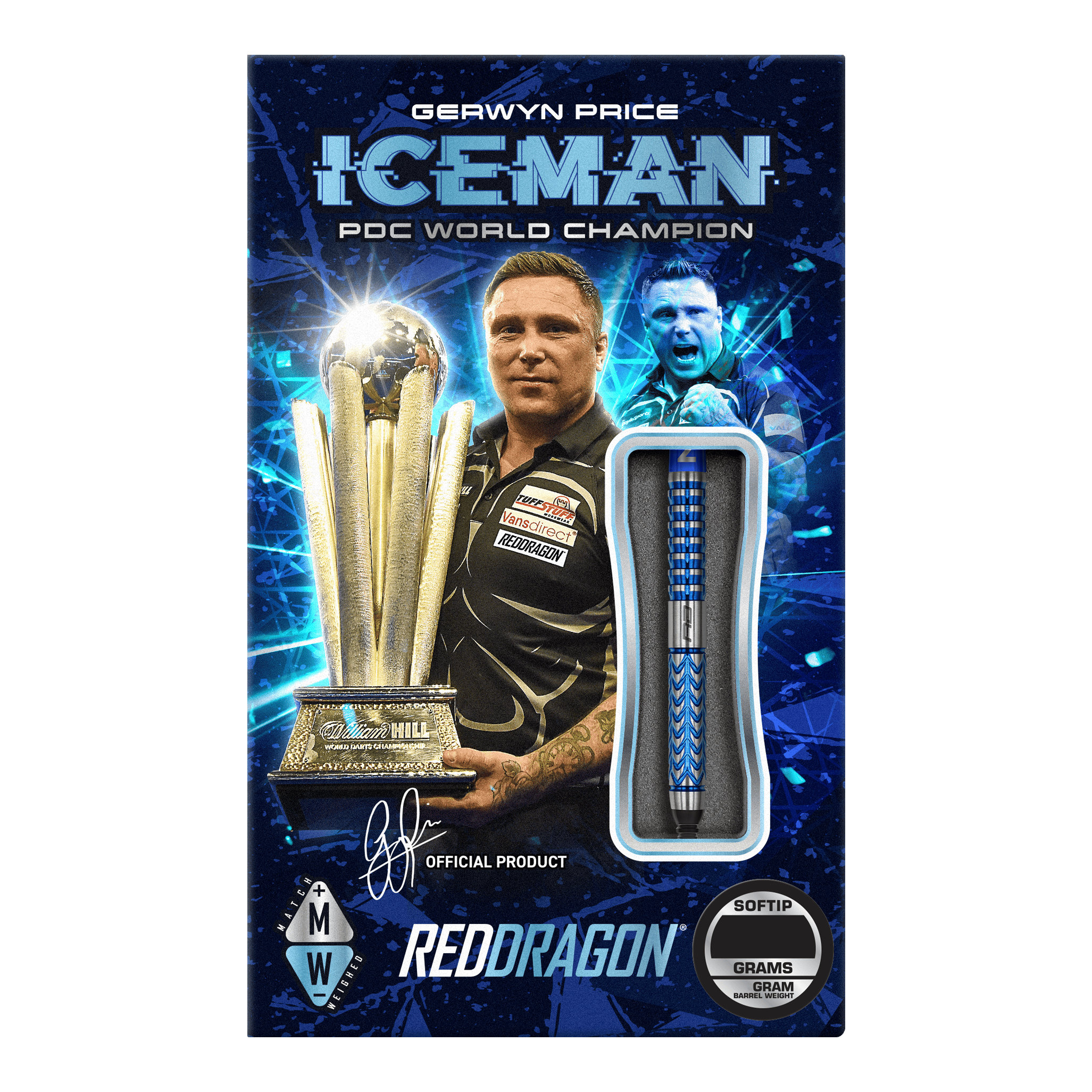Red Dragon Gerwyn Price Glacier Fléchettes souples – 18 g Das Bild zeigt die Verpackung der "Red Dragon Gerwyn Price Glacier Softdarts - 18g". Auf der Verpackung ist ein Dartspieler mit einem Pokal und einem einzelnen Softdart abgebildet.
