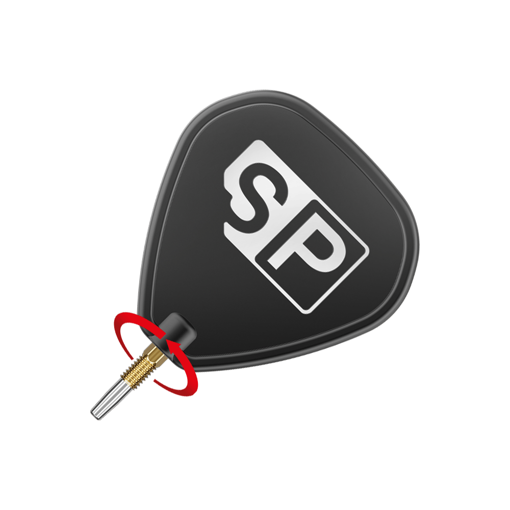 Pointes de fléchettes Target Swiss Point Chrono Darts - Or Das Bild zeigt eine schwarze Dartspitze mit den weißen Buchstaben "SP" darauf. Ein roter Pfeil deutet auf eine Drehbewegung an der goldenen Schraubverbindung hin.