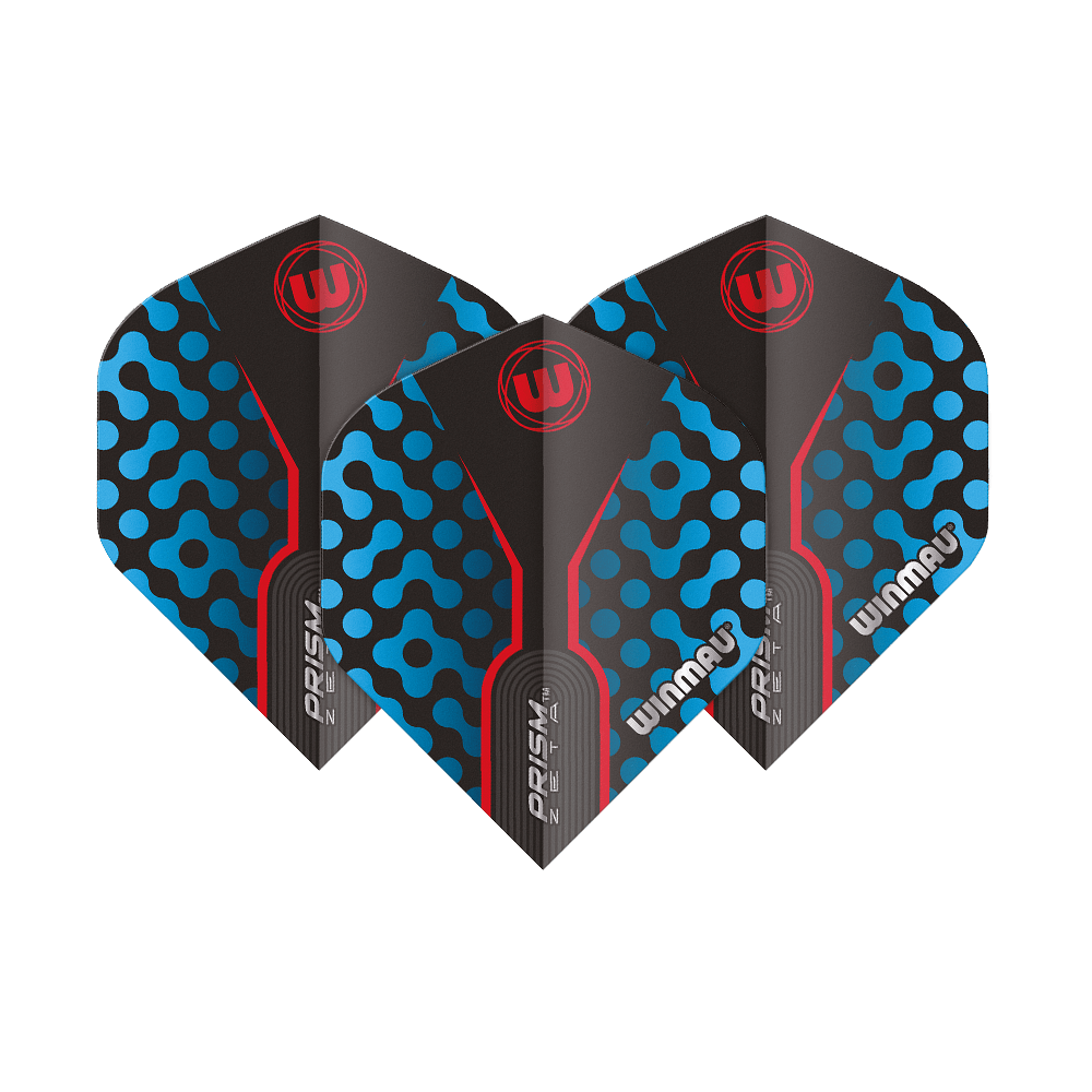 6915-307_Winmau_Prism_Zeta_BlueRed_Standard_Flights_1au2dqPrSMRtRF Das Bild zeigt die Winmau Prism Zeta BlueRed Standard Flights. Die Flights sind schwarz mit blauen und roten Akzenten sowie dem Winmau-Logo.