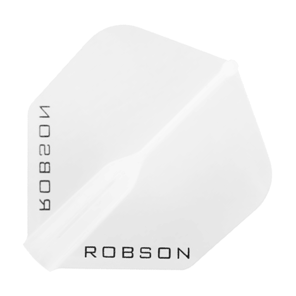 Vols Robson Plus - Standard Das Bild zeigt einen klaren, sechseckigen Dartflight mit dem Schriftzug "ROBSON" in schwarzer Farbe. Das Design ist schlicht und durchsichtig gehalten.
