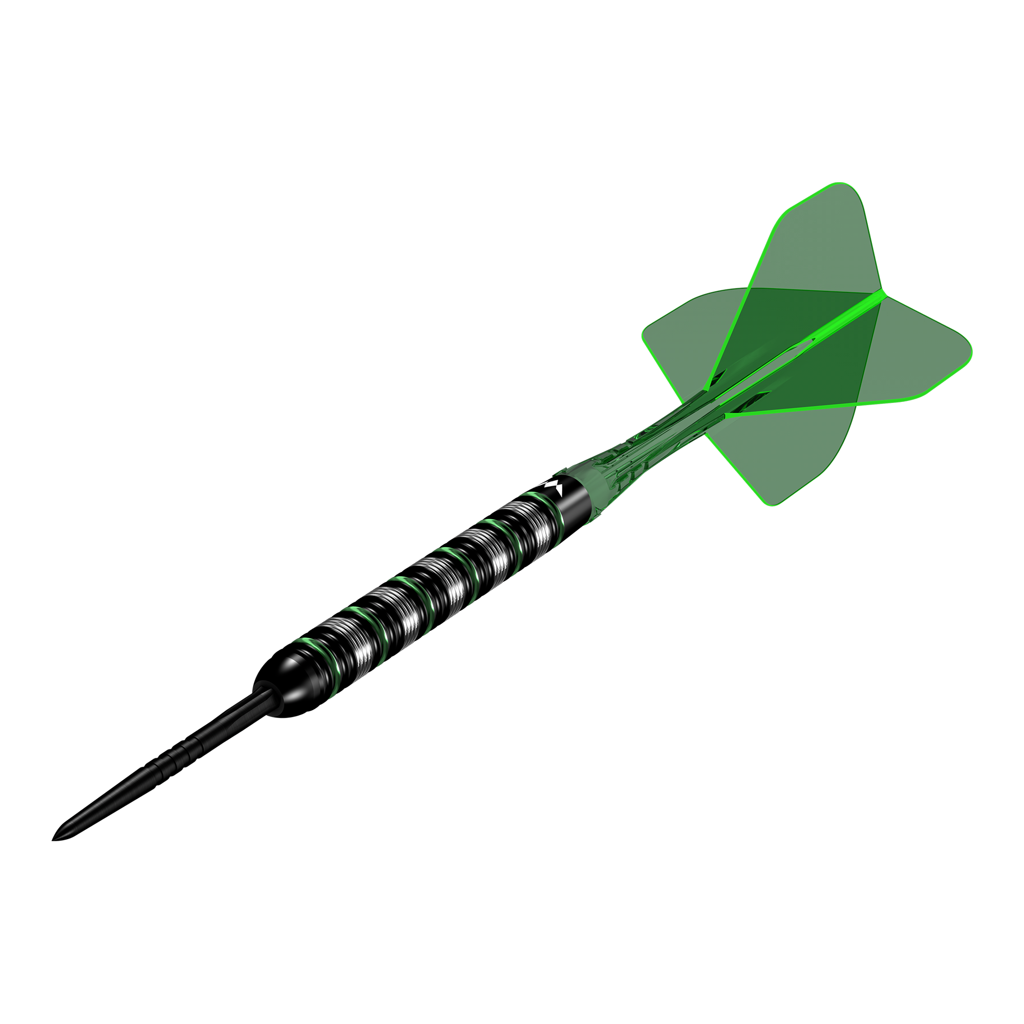 Fléchettes Mission en acier moldavite - 23 g Mission Moldavite Steeldarts - 23g wird aus einer anderen Perspektive gezeigt. Die Darts zeichnen sich durch ein grünes Designelement aus.