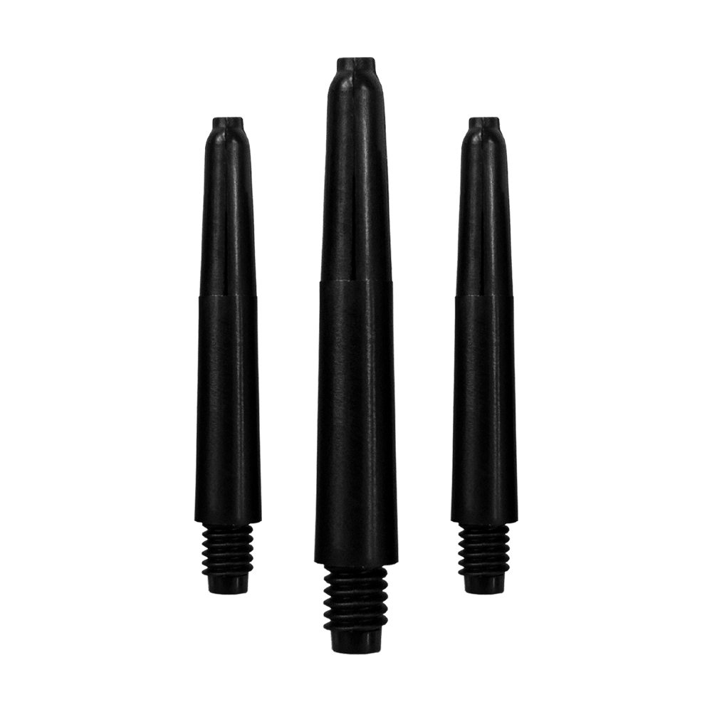 566_Nylon_Shafts_Schwarz_35mm_1 Auf dem Bild sind drei schwarze Nylon-Schäfte zu sehen. Sie sind nebeneinander angeordnet und besitzen ein Schraubgewinde am unteren Ende.