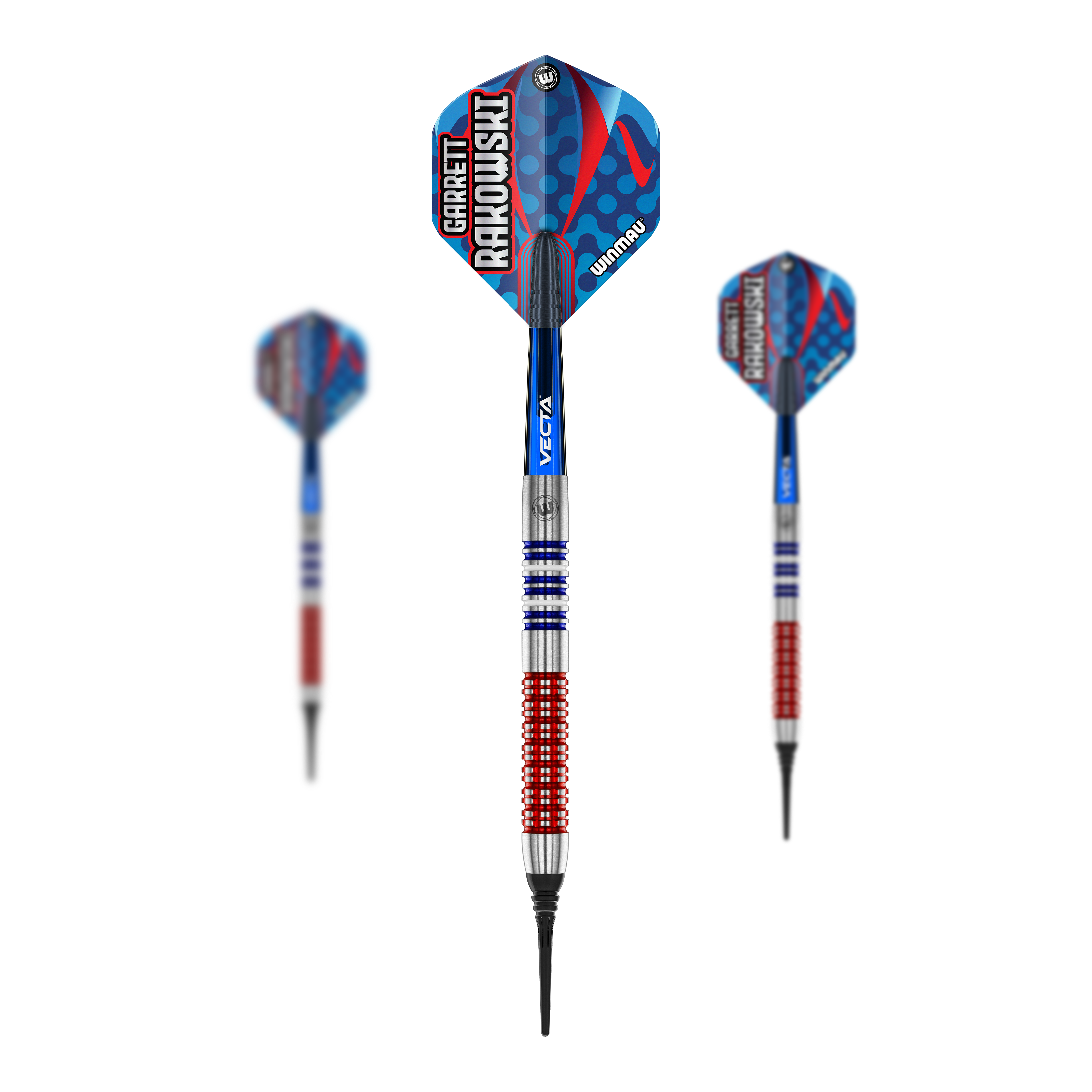 Fléchettes souples Winmau Garrett Rakowski - 20g Das Bild zeigt drei Softdarts des Modells "Winmau Garrett Rakowski Softdarts - 20g". Die Darts haben ein auffälliges Design in Blau, Rot und Silber mit der Aufschrift "Garrett Rakowski" auf den Flights.