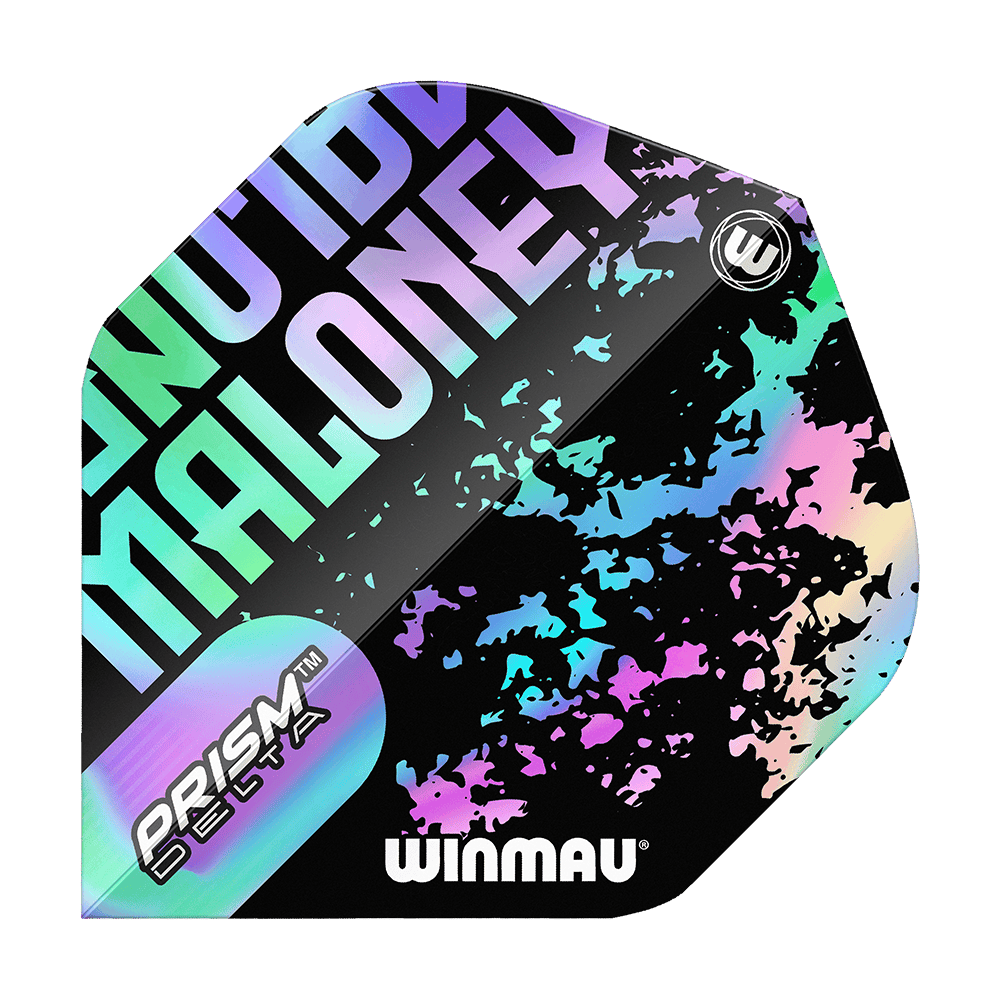 Vols standard Winmau Prism Delta Mike Maloney Das Bild zeigt ein Winmau Prism Delta Mike Maloney Standard Flight für Darts. Das Flight hat ein auffälliges, buntes Design mit dem Namen "Maloney" und dem Winmau-Logo.
