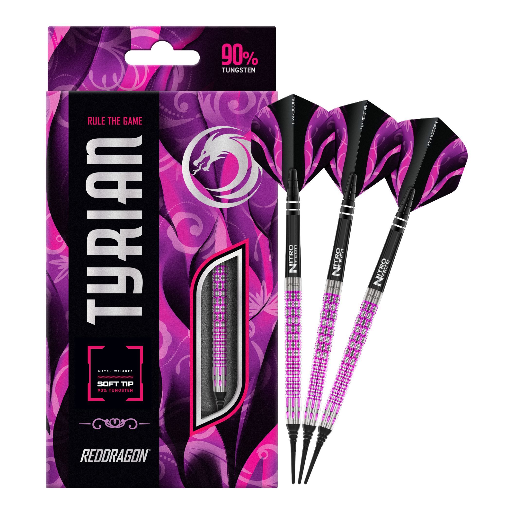 Fléchettes souples Red Dragon Tyrian - 22 g Das Bild zeigt die Red Dragon Tyrian Softdarts - 22g mit einem auffälligen pink-schwarzen Design. Die Darts bestehen zu 90% aus Tungsten und werden in einer passenden Verpackung präsentiert.