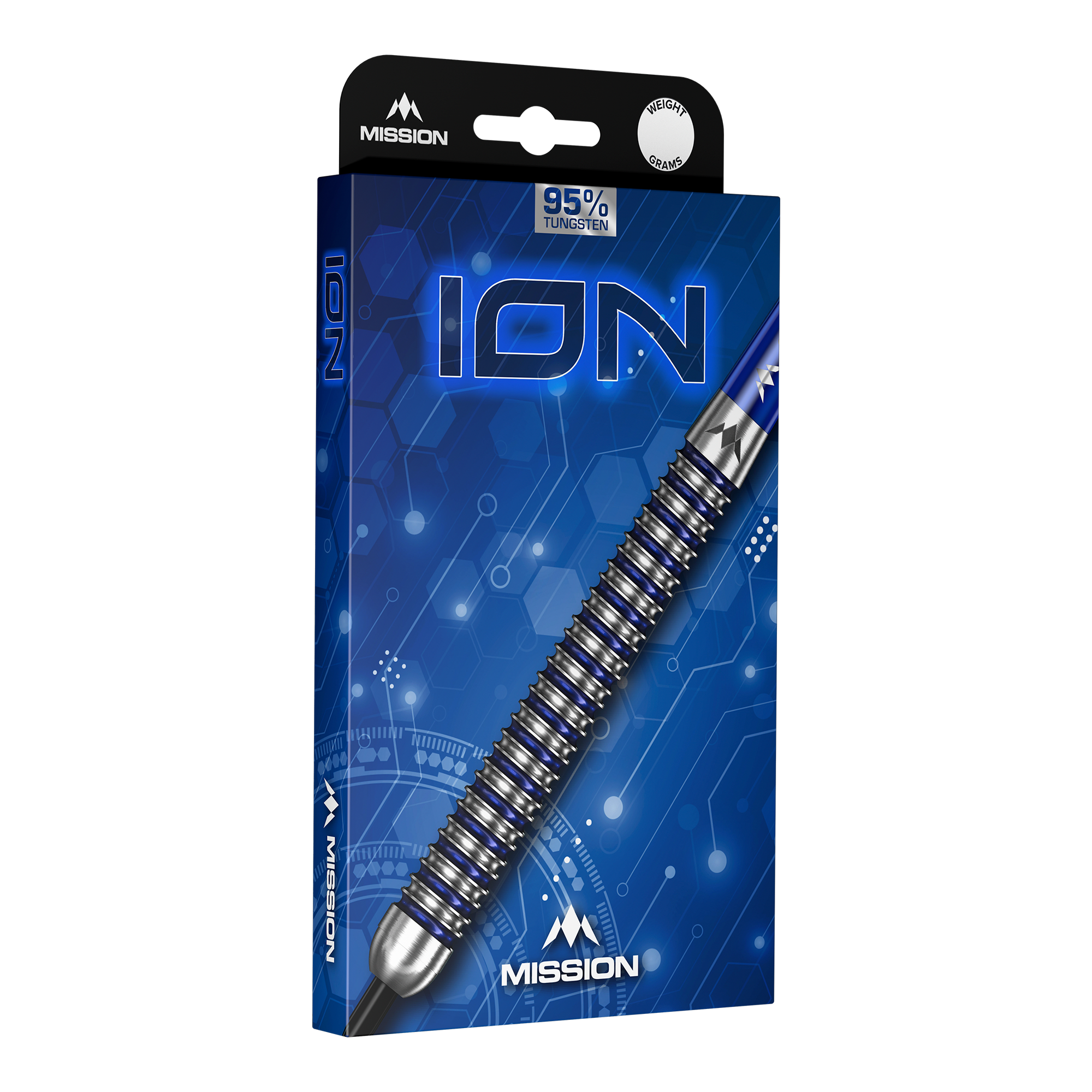 Fléchettes en acier Mission ION bleu argent Mission ION Blue Silver Steeldarts sind auf diesem Bild zu sehen. Das Produkt zeichnet sich durch seine blaue und silberne Farbgebung aus.
