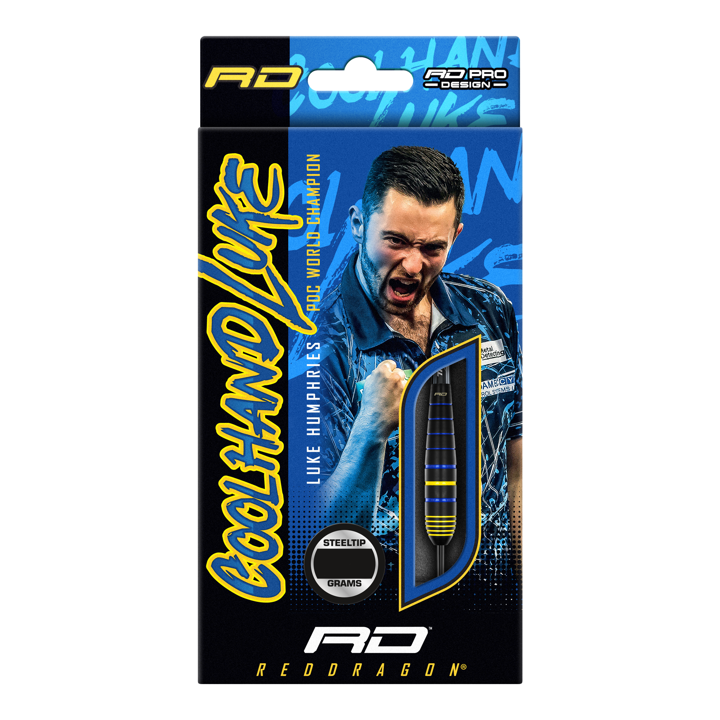 Fléchettes Red Dragon Luke Humphries, champion du monde en laiton et acier Auf der Verpackung sind die "Red Dragon Luke Humphries World Champion Brass Steeldarts" abgebildet. Im Hintergrund ist ein jubelnder Spieler zu sehen, daneben ist ein Dartpfeil durch ein Sichtfenster sichtbar.