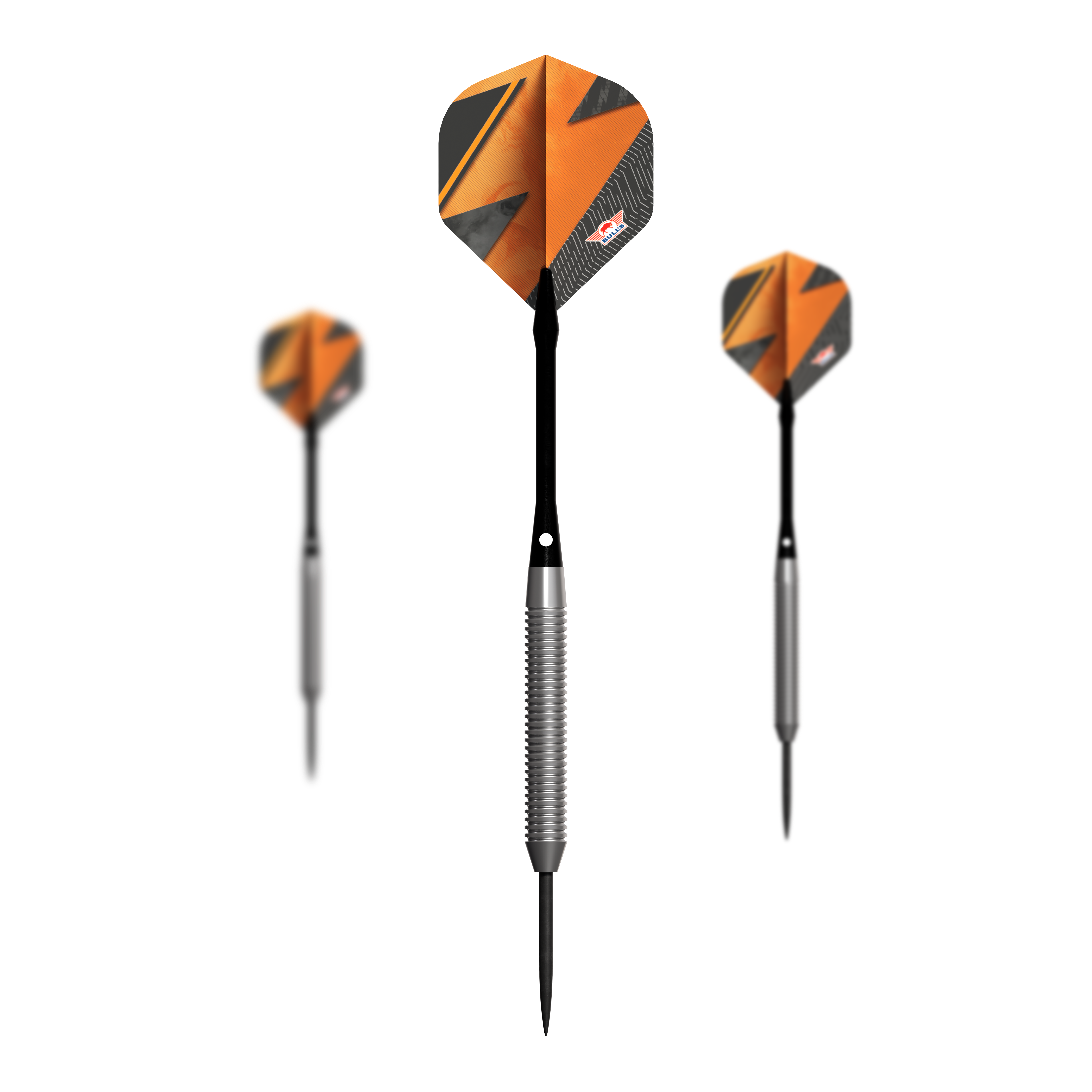 Fléchettes en acier orange Bulls NL Lightning Das Bild zeigt drei Steeldarts der Marke "Bulls NL Lightning Orange". Die Darts haben einen auffälligen orange-schwarzen Flight und einen silbernen Schaft.