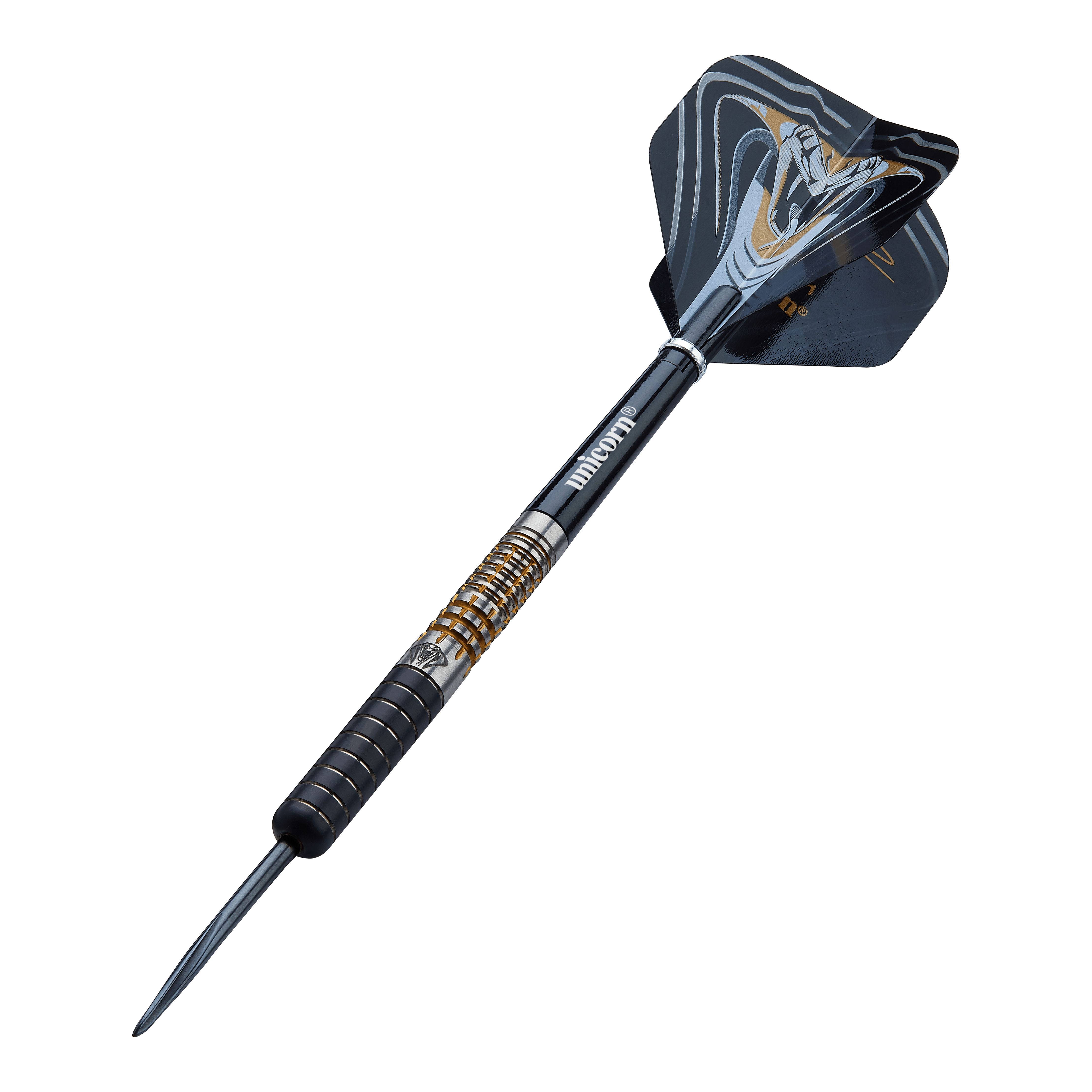Fléchettes en acier Unicorn Maestro Jeffrey De Zwaan Phase 3 Das Bild zeigt einen Unicorn Maestro Jeffrey De Zwaan Phase 3 Steeldart. Der Dart hat ein schwarzes und silbernes Design mit goldenen Akzenten und einer auffälligen Flights-Grafik.