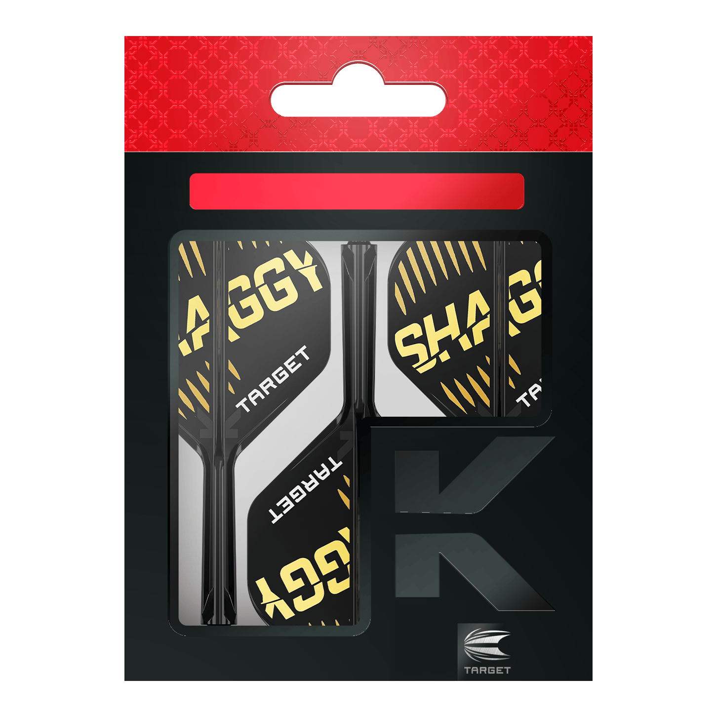 Système de flèche standard Target K-Flex Scott Williams n° 2 Auf dem Bild ist die Verpackung der "Target K-Flex Scott Williams No2 Standard Flights" zu sehen. Die Flights sind überwiegend schwarz mit gelben und weißen Akzenten und dem Schriftzug "SHAGGY" darauf.
