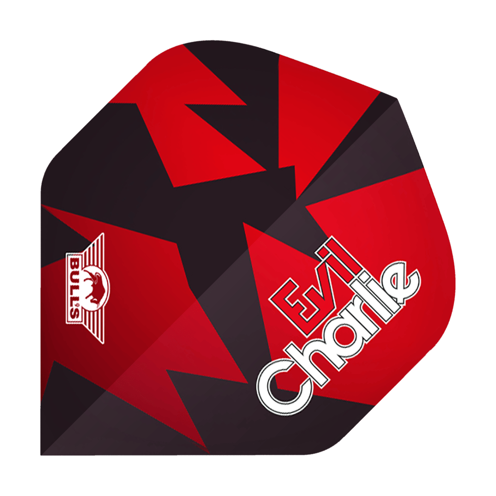 BU50862_Bulls_Powerflite_Sedlacek_Black_Red_No2_Standard_Flights_1 Das Bild zeigt ein Dartflight mit einem schwarzen und roten Zickzack-Design. Auf dem Flight steht "Evil Charlie" und das BULL'S Logo ist ebenfalls sichtbar.