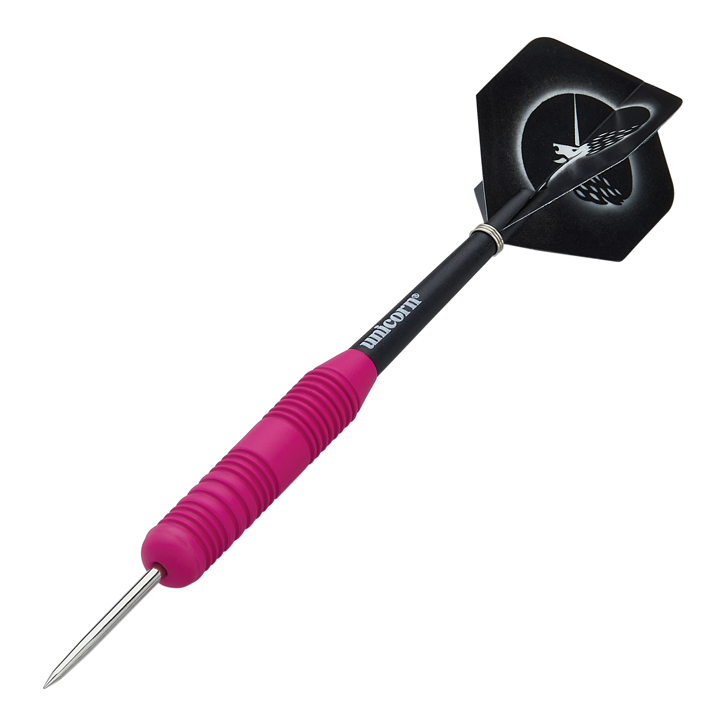 Fléchettes Unicorn Core Plus en acier rose caoutchouté Das Bild zeigt einen Unicorn Core Plus Steeldart mit einem pinken, gummierten Griff. Der Dart hat eine schwarze Spitze und einen schwarzen Flight mit weißem Muster.