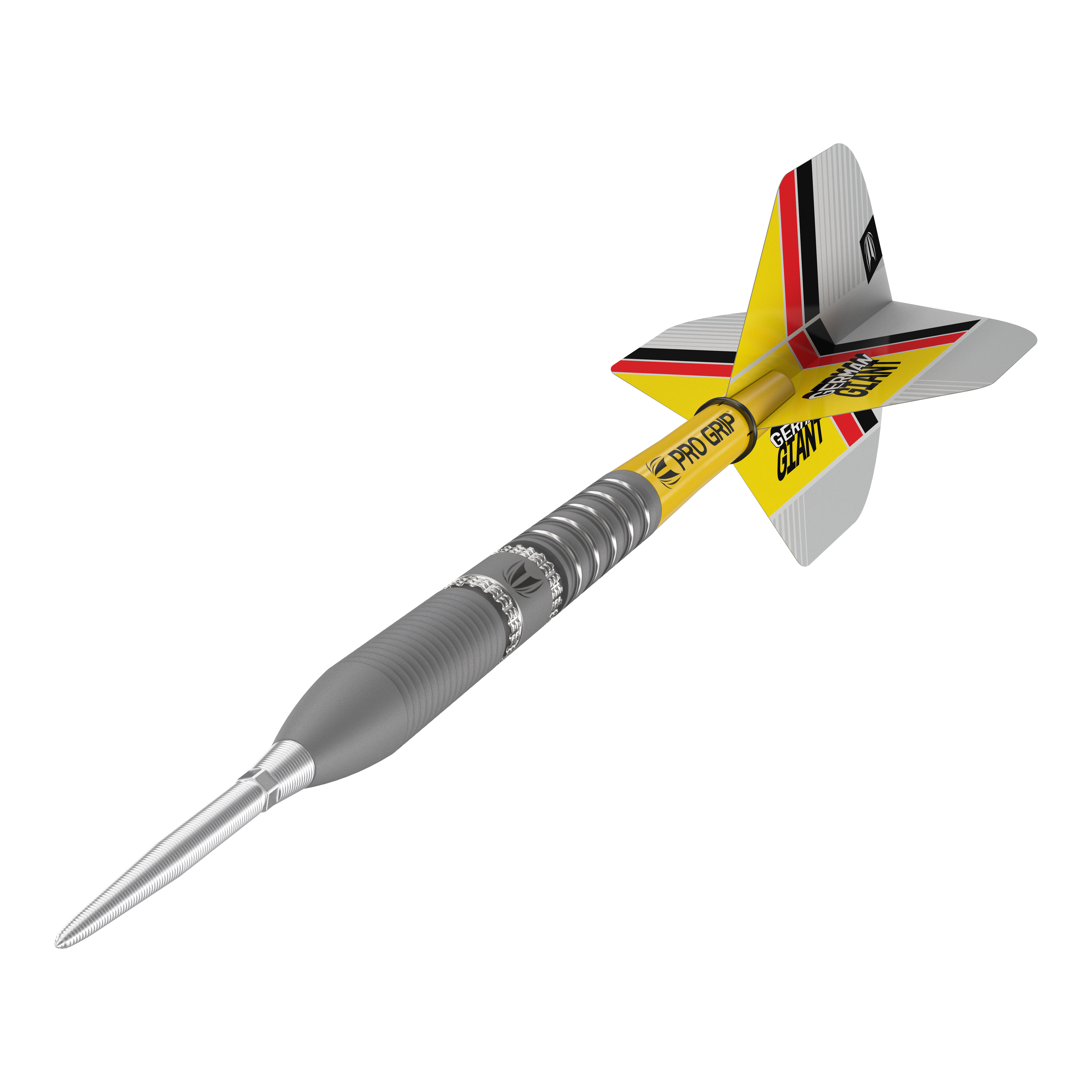 Fléchettes en acier Target Gabriel Clemens GEN2 Swiss Point Das Bild zeigt einen modernen Steeldartpfeil mit silberner Spitze und einem gelb-schwarzen Schaft. Die Flights sind mit roten, schwarzen und gelben Streifen verziert und tragen die Aufschrift "GERMAN GIANT".