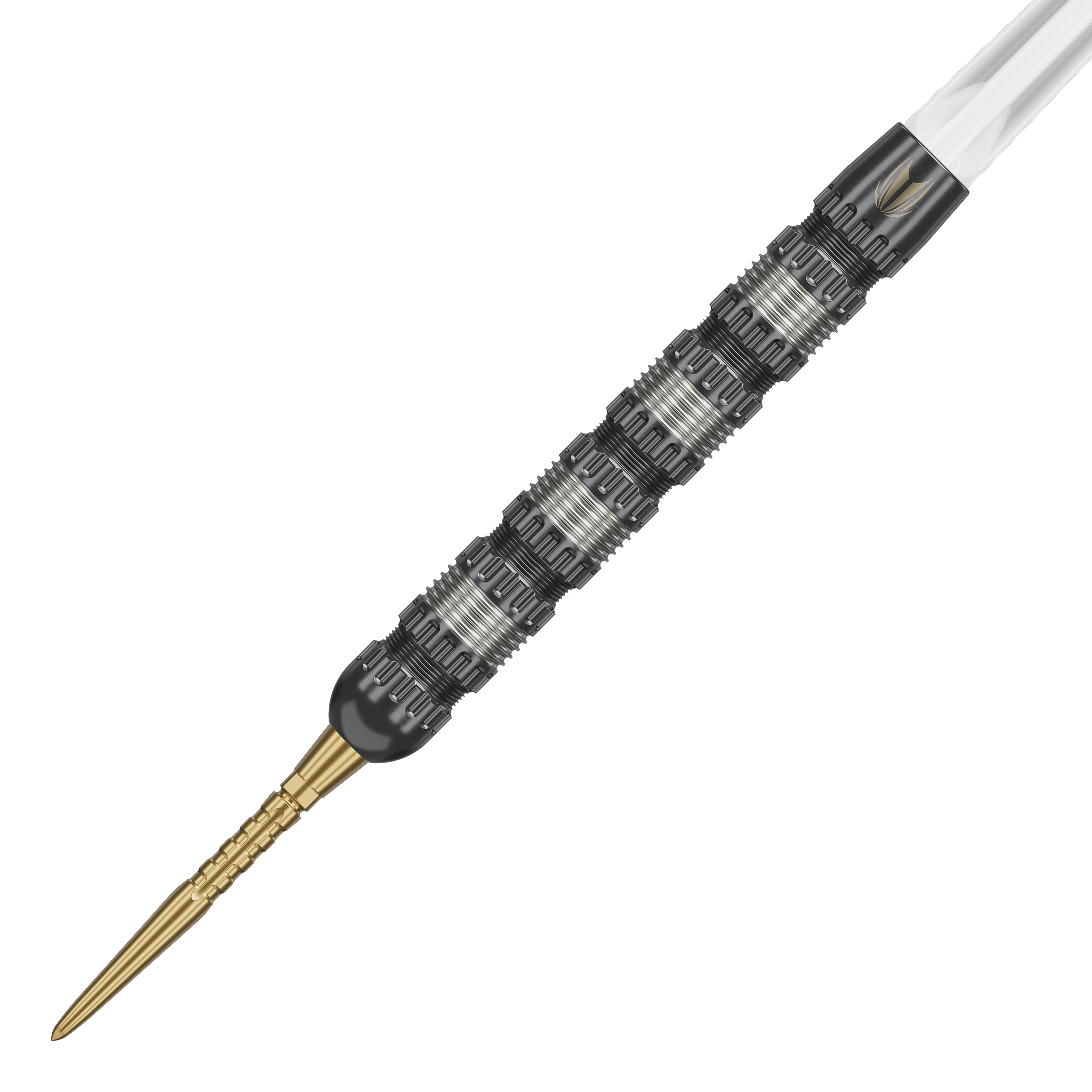 Fléchettes en acier Target Rob Cross 95K Swiss Point Das Bild zeigt einen Target Rob Cross 95K Swiss Point Steeldart. Der Dart hat eine strukturierte, silber-schwarze Oberfläche und eine goldene Spitze.