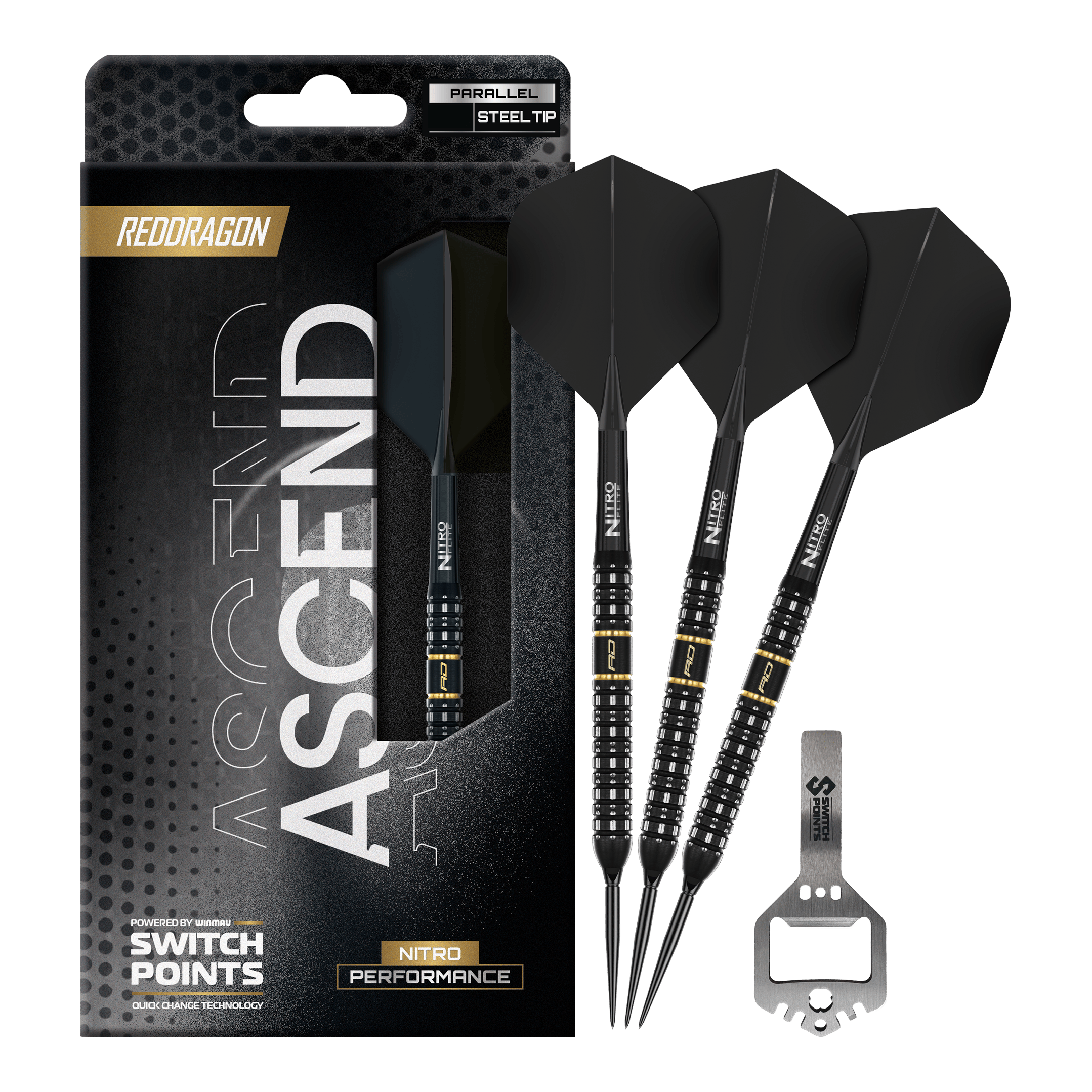 Fléchettes en acier Red Dragon Ascend Parallel Switch Point Das Bild präsentiert die Red Dragon Ascend Parallel Switch Point Steeldarts in voller Länge. Die Details des kompletten Darts sind gut erkennbar.