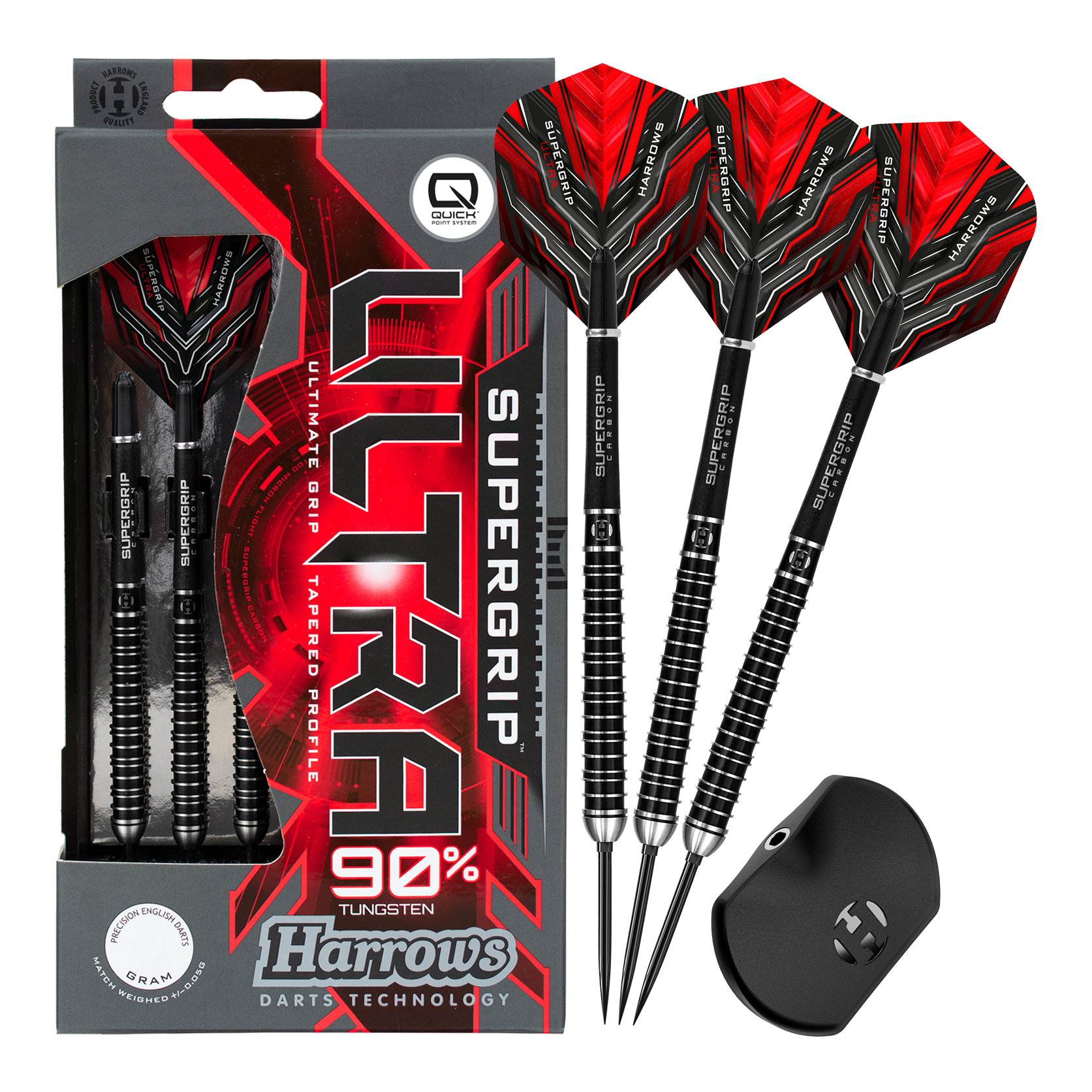Fléchettes en acier Harrows Supergrip Ultra Quick Point Abgebildet sind Harrows Supergrip Ultra Quick Point Steeldarts. Das Set ist in voller Länge dargestellt.