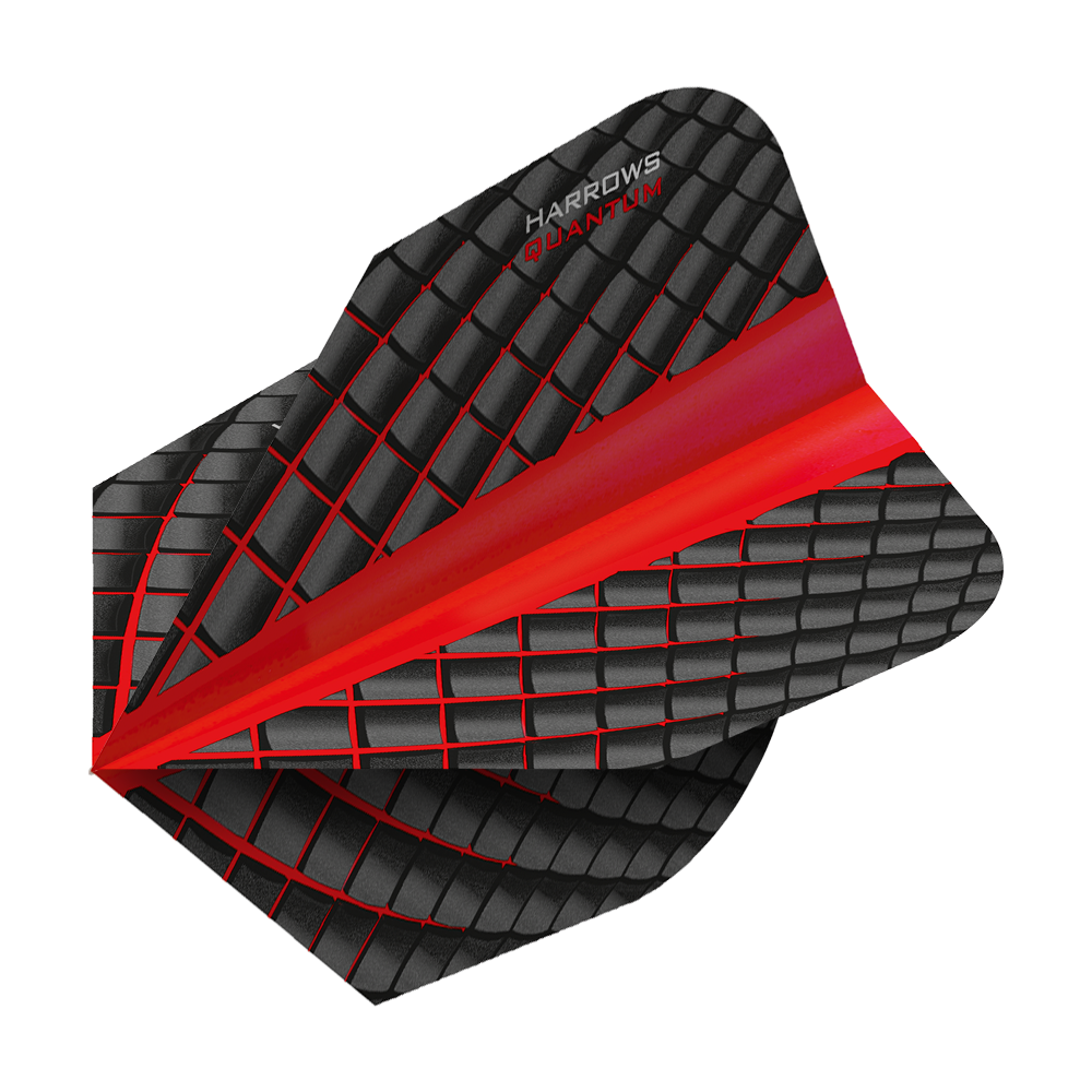 HR6804_Harrows_Quantum_Rot_No6_Flights_2 Das Bild zeigt ein Harrows Quantum Rot No6 Dartflight. Das Flight ist schwarz mit einem roten Gittermuster und roten Akzenten gestaltet.