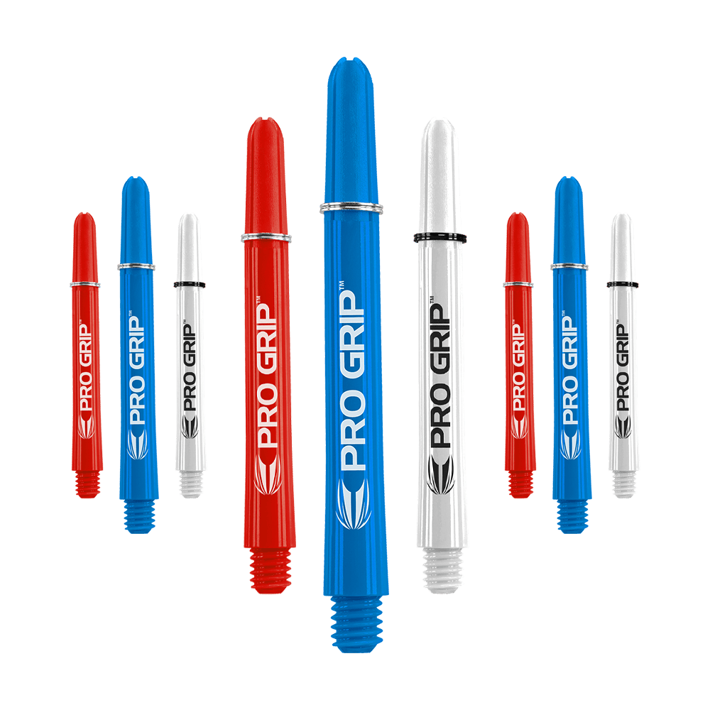 Tiges Target Pro Grip - 3 jeux - Rouge Bleu Blanc Das Bild zeigt neun Dart-Shafts in den Farben Blau, Rot und Weiß. Auf jedem Shaft steht der Schriftzug "PRO GRIP" mit einem kleinen Logo darunter.