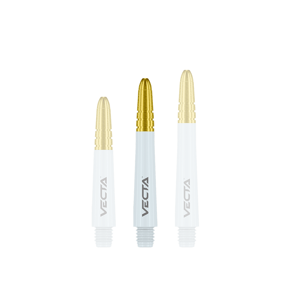 Winmau Vecta Shafts - Weiß Gold Auf dem Bild sind drei Dart-Schäfte in unterschiedlicher Länge zu sehen. Sie sind weiß mit einer goldenen Spitze und tragen die Aufschrift "VECTA".