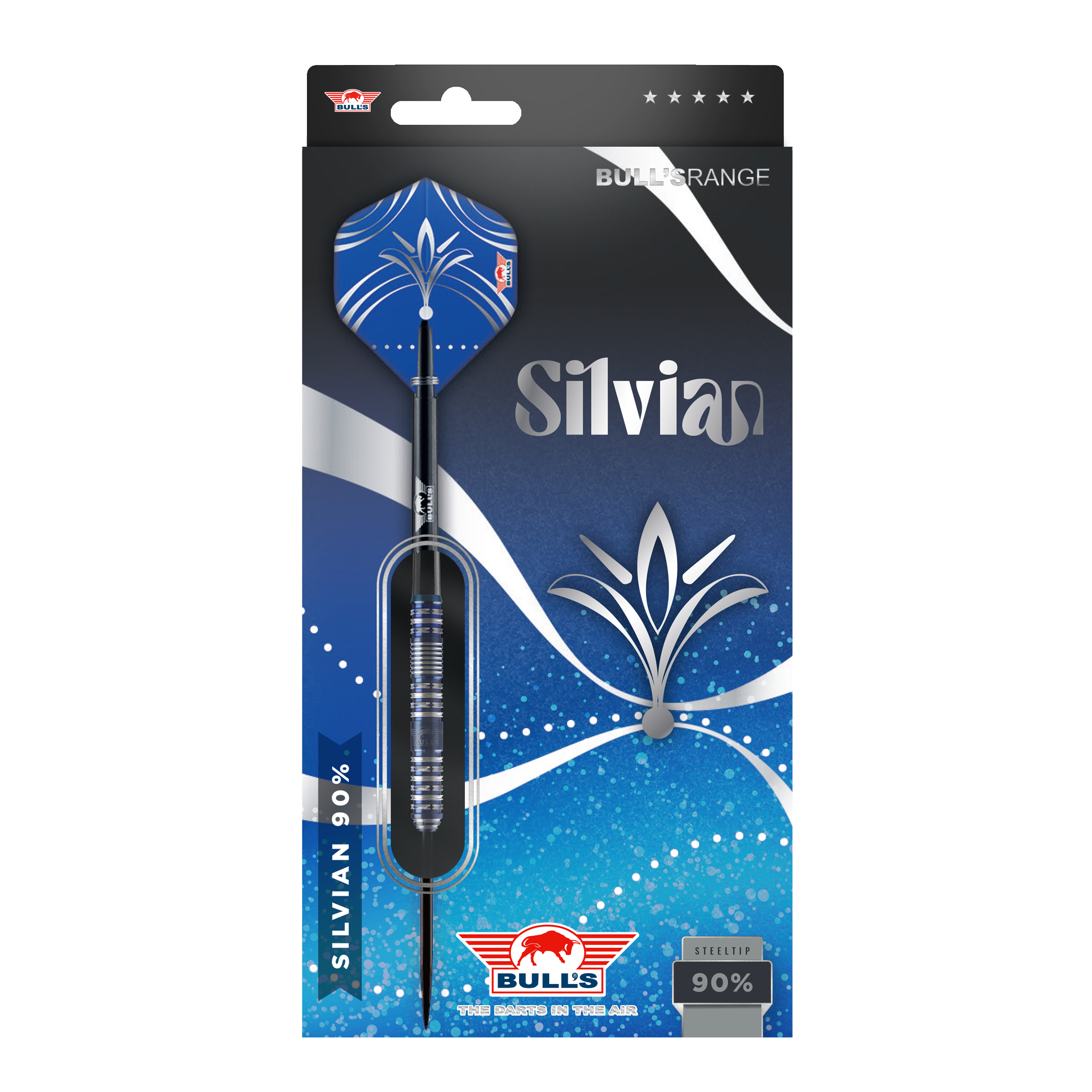 Fléchettes en acier Silvian Bulls NL Die Abbildung zeigt die Verpackung der "Bulls NL Silvian Steeldarts". Die Verpackung ist vorwiegend blau und silber gestaltet und hebt die Marke sowie den Namen "Silvian" hervor.