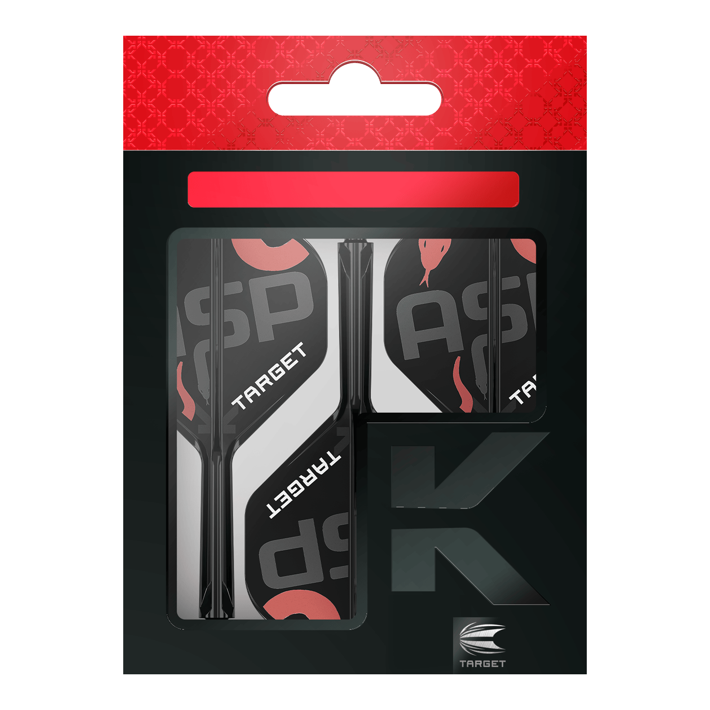 Système de flèche standard Target K-Flex Nathan Aspinall n° 2 Auf dem Bild ist eine Verpackung mit Dart-Flights und Schäften der Marke Target zu sehen. Die Verpackung ist überwiegend schwarz mit roten und weißen Akzenten gestaltet.