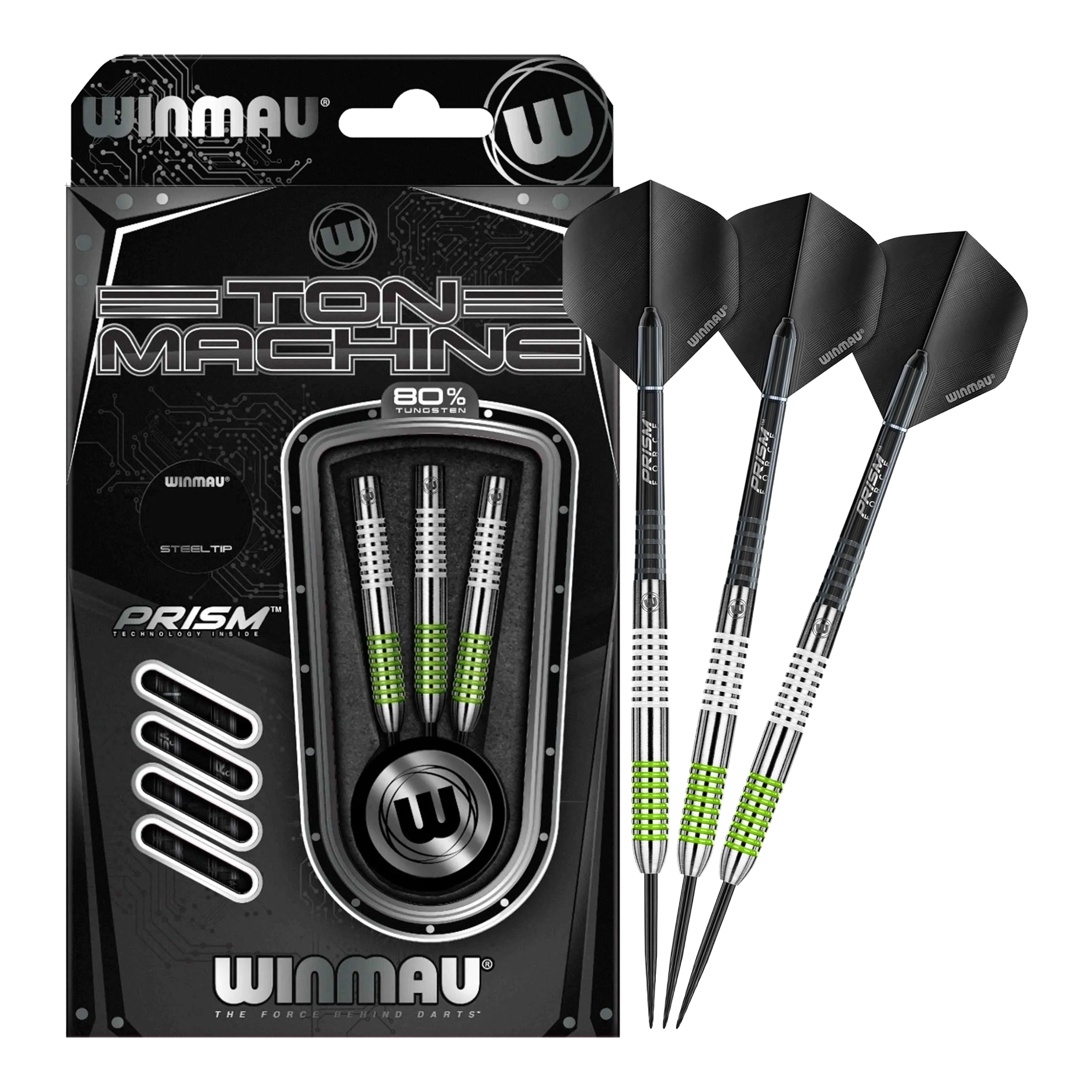 Das Bild zeigt das Set der Winmau Ton Machine Steeldarts in voller Ansicht. Diese Steeldarts sind ideal für Dartliebhaber.