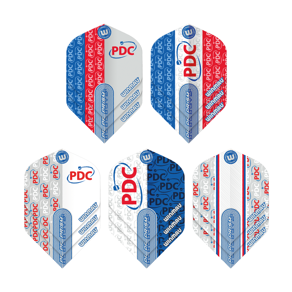 Collection de vols Winmau PDC Prism Das Bild zeigt die "Winmau PDC Prism Flight Collection" mit fünf unterschiedlichen Dart-Flights. Die Flights sind in den Farben Blau, Rot und Weiß gehalten und mit den Logos "PDC" und "Winmau" bedruckt.