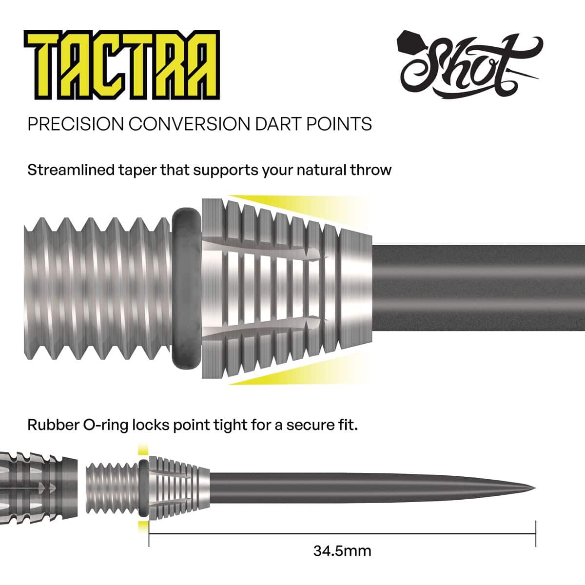 Points de conversion Shot Tactra - 34 mm Das Bild zeigt die Shot Tactra Conversion Points - 34 mm. Es handelt sich um spezielle Dartspitzen zum Umrüsten von Softdarts auf Steeldarts.