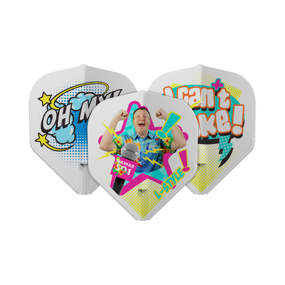 Vols blancs Wayne Mardle Type B L1EZ de style L Das Bild zeigt drei Dartflights mit bunten, auffälligen Designs und Comic-Schriftzügen. Auf einem Flight ist ein jubelnder Mann abgebildet, während die anderen Sätze wie "OH MY!" und "I can't take!" zeigen.