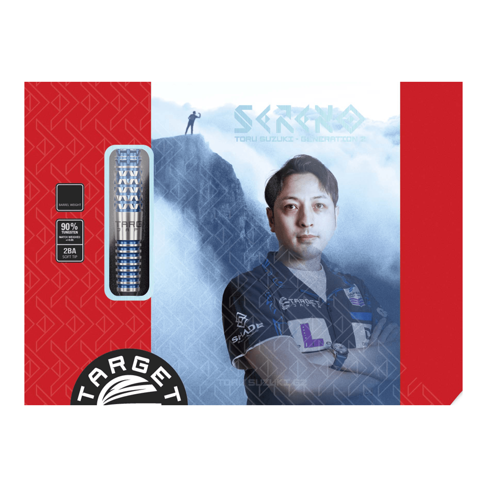 Fléchettes souples Target Japan Toru Suzuki Sereno GEN2 - 20 g Die Verpackung zeigt das Produkt "Target Japan Toru Suzuki Sereno GEN2 Softdarts - 20g". Auf der Vorderseite ist ein Bild von Toru Suzuki sowie die Darts und Produktinformationen abgebildet.