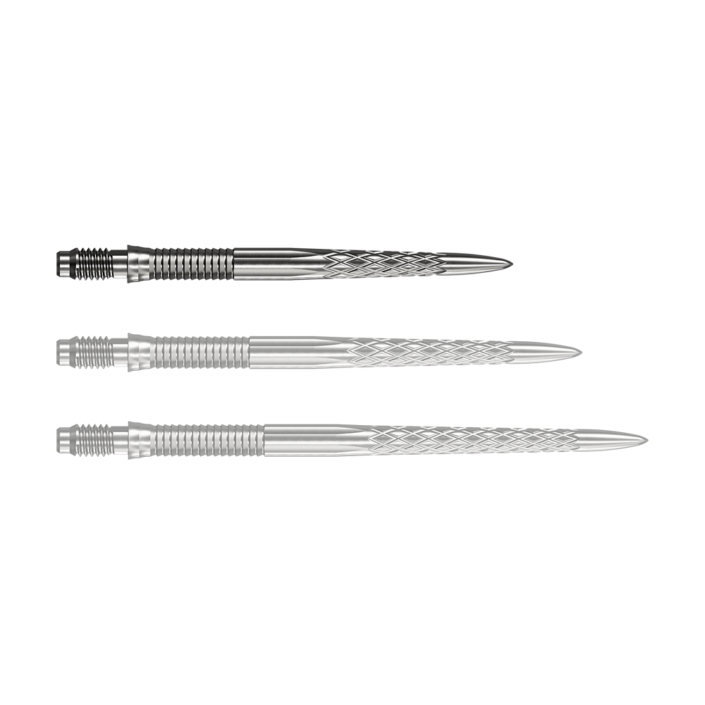 Abgebildet ist eine einzelne Mission R25 Rapid Point DSX Dartspitze in Silber mit 30mm Länge. Sie wird häufig für Präzision und Haltbarkeit beim Dartspielen verwendet.