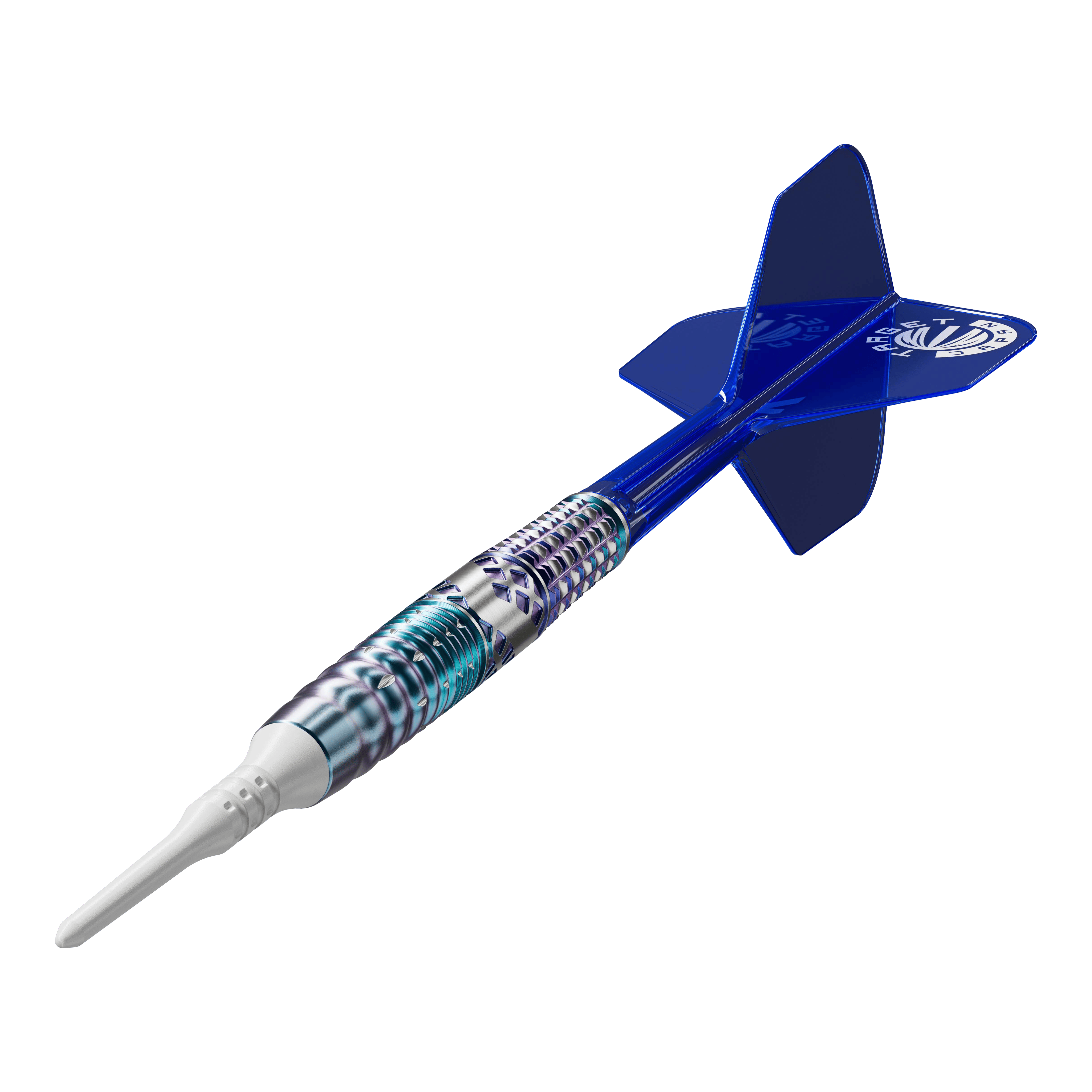 Fléchettes souples Target Japan Cathy Leung Charis GEN5 - 19 g Das Bild zeigt einen Softdart mit einem silber-blauen, metallischen Schaft und einer weißen Spitze. Die Flights am Ende des Darts sind blau und tragen ein weißes Logo.