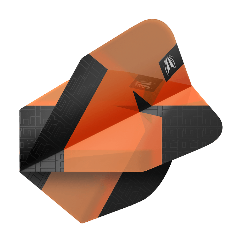 Ailettes standard Target Pro Ultra TAG Orange n° 6 - 3 jeux Das Bild zeigt ein orangefarbenes Dart-Flights-Set mit schwarzem Muster. Es handelt sich um das Produkt "Target Pro Ultra TAG Orange No6 Standard Flights - 3 Sets".