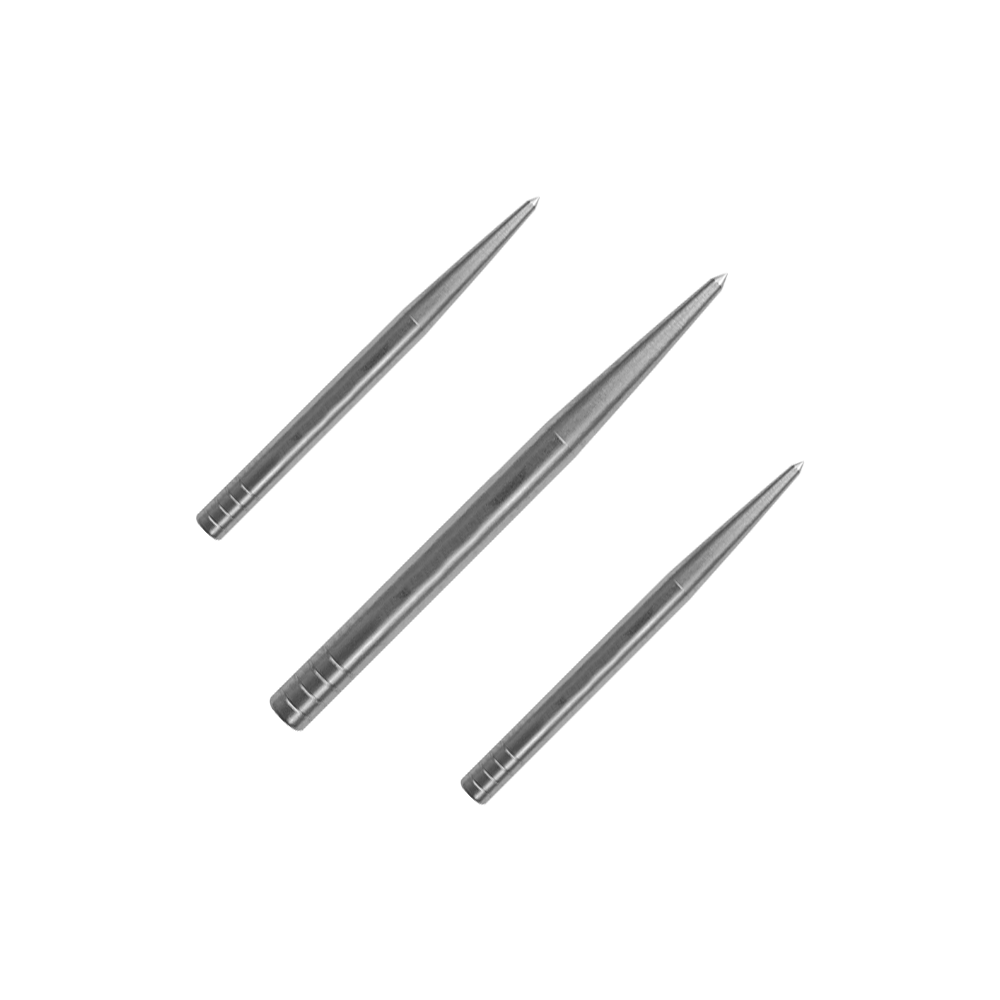 Pointes de fléchettes Condor Beak Point sans découpe Auf dem Bild sind drei silberne Dartspitzen zu sehen. Sie sind spitz zulaufend und aus Metall gefertigt.