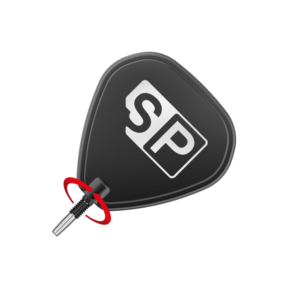 Pointes de fléchettes Target Swiss Point Chrono - Noires Das Bild zeigt eine schwarze Dartspitze mit dem weißen Logo "SP" darauf. Eine rote Pfeilmarkierung deutet eine Drehbewegung zum Anbringen oder Entfernen der Spitze an.