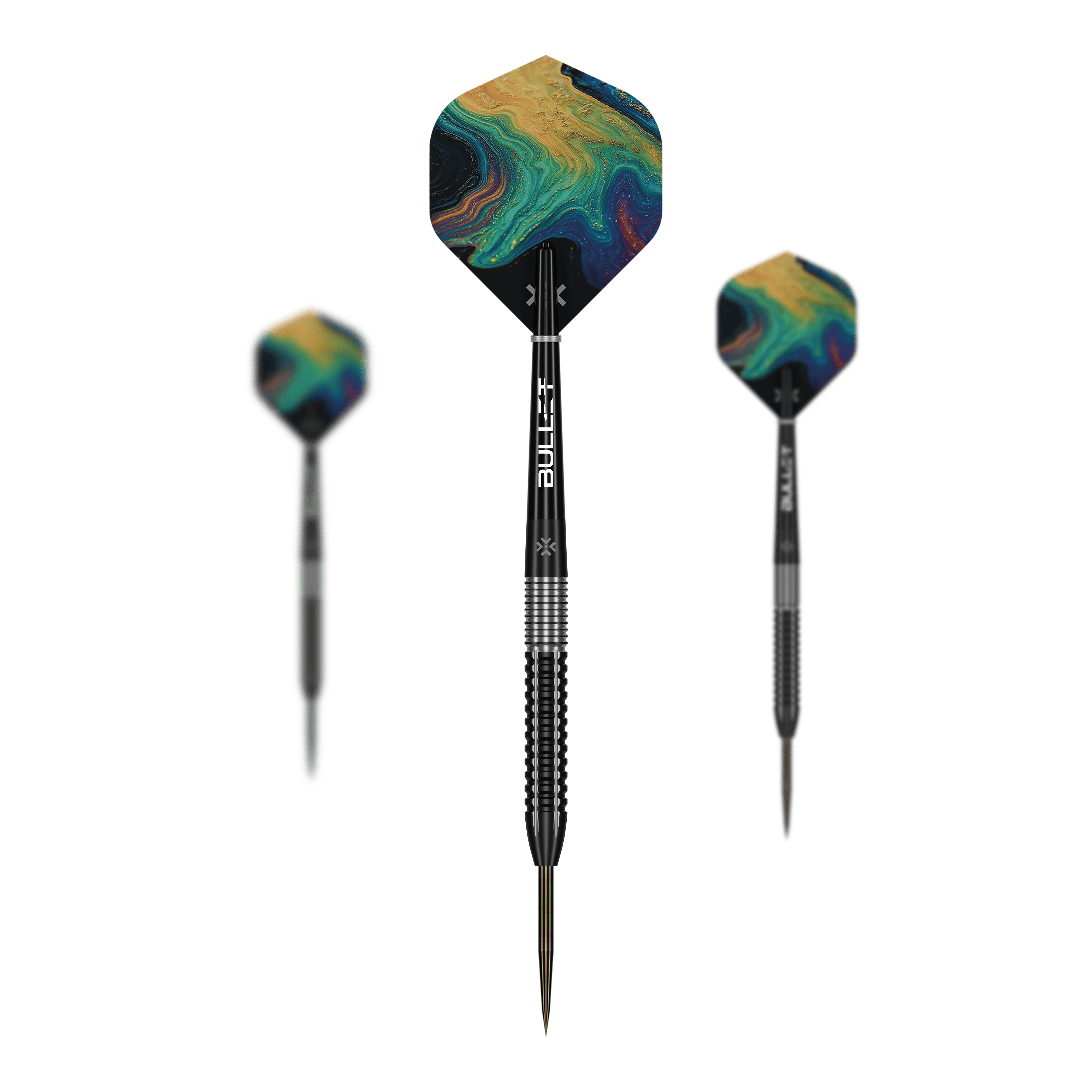 Die Bullet Diesel Steeldarts sind als Set abgebildet. Das Produkt richtet sich an Dartspieler aller Erfahrungsstufen.