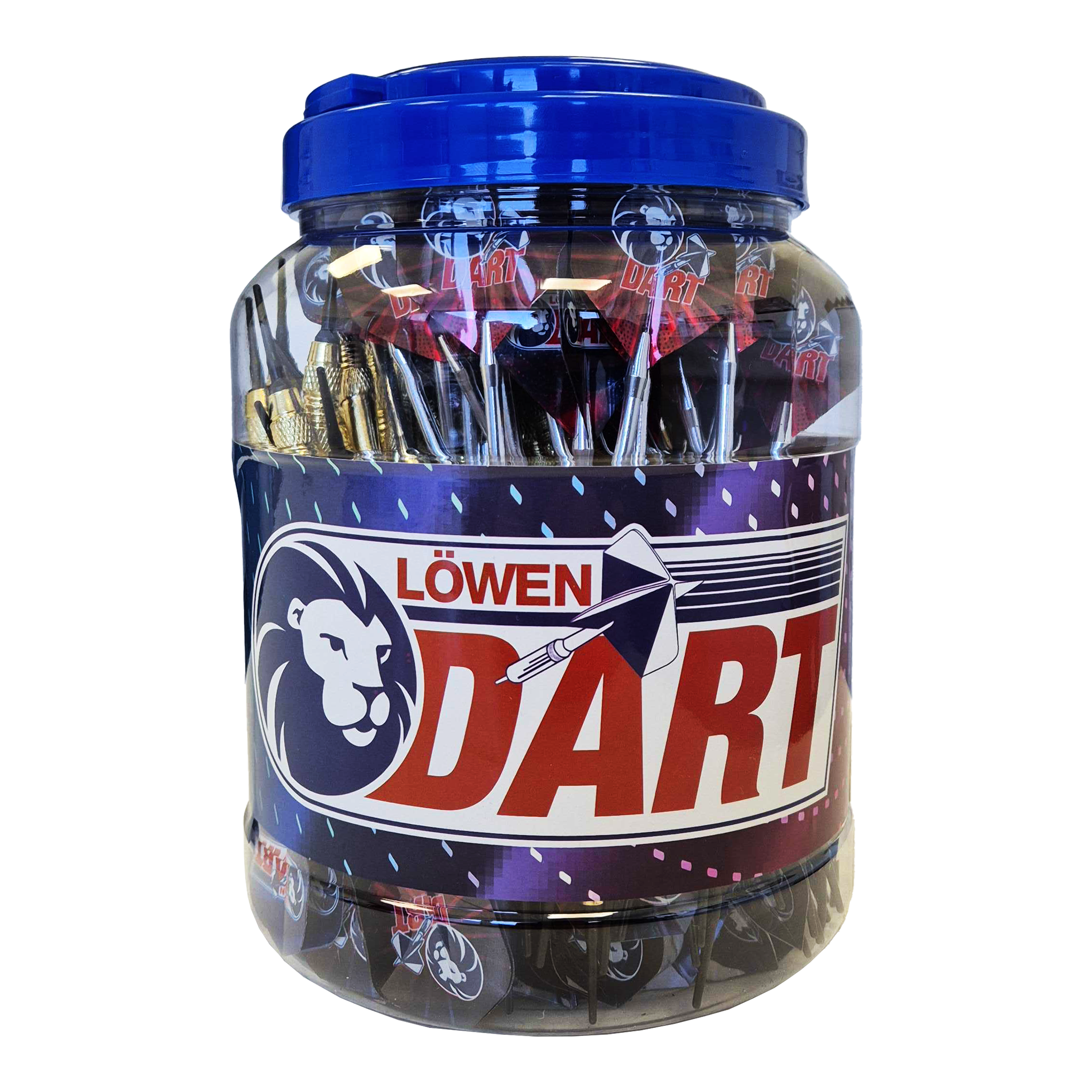 99 Fléchettes Löwen à pointe souple - 18 g Das Bild zeigt ein großes Plastikgefäß mit einem blauen Deckel, das mit vielen Soft-Tip-Darts gefüllt ist. Auf dem Behälter steht die Aufschrift "Löwen Dart" und das Produkt heißt "99 Löwen Soft-Tip Darts - 18g".